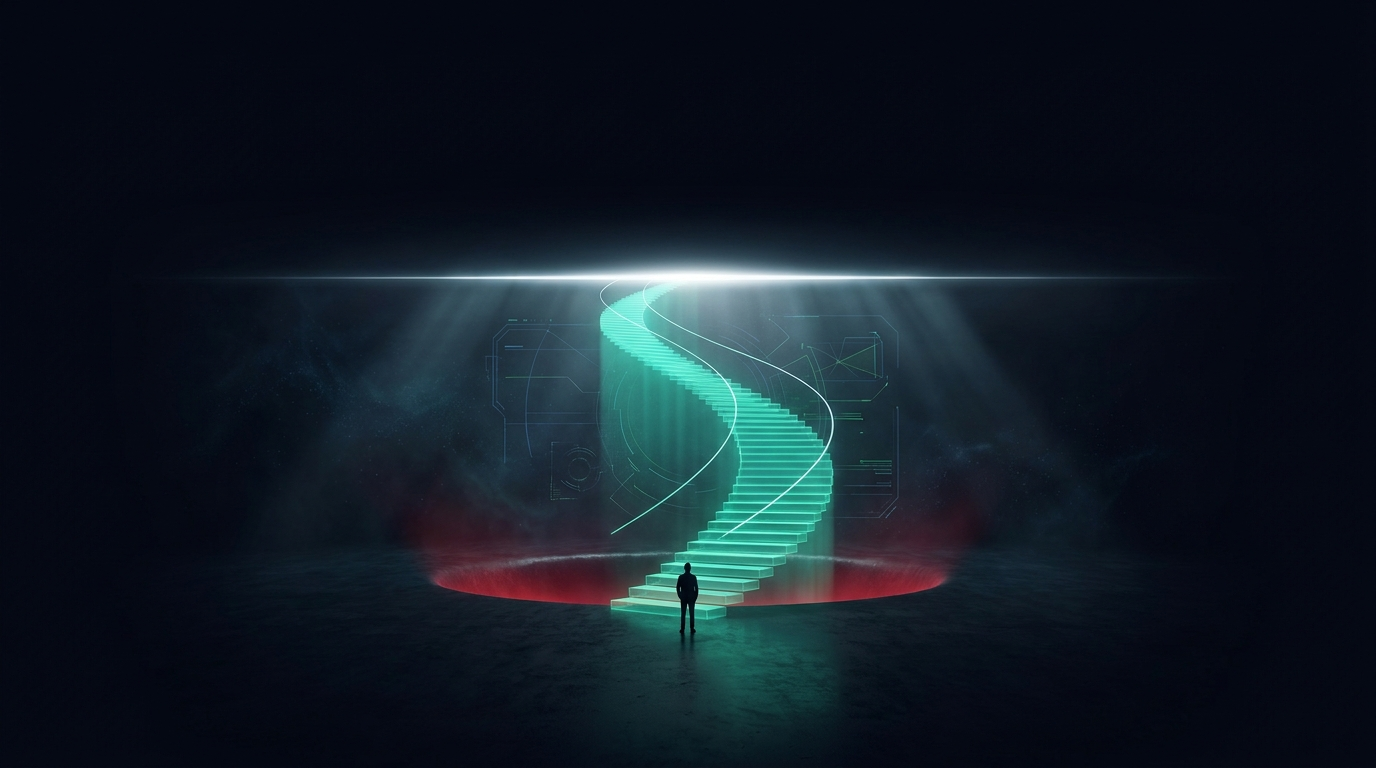 A cinematic render of a glowing teal staircase of light climbing out of a shallow red dip and rising toward a bright horizon, representing the climb back to breakeven after a loss