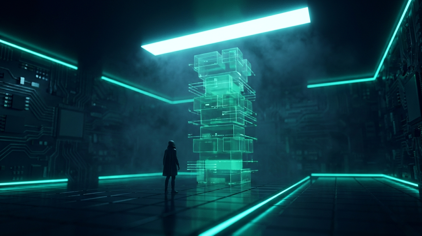 A lone figure seen from behind standing before a glowing horizontal ceiling of light that caps a rising stack of translucent teal data blocks in a dark navy environment