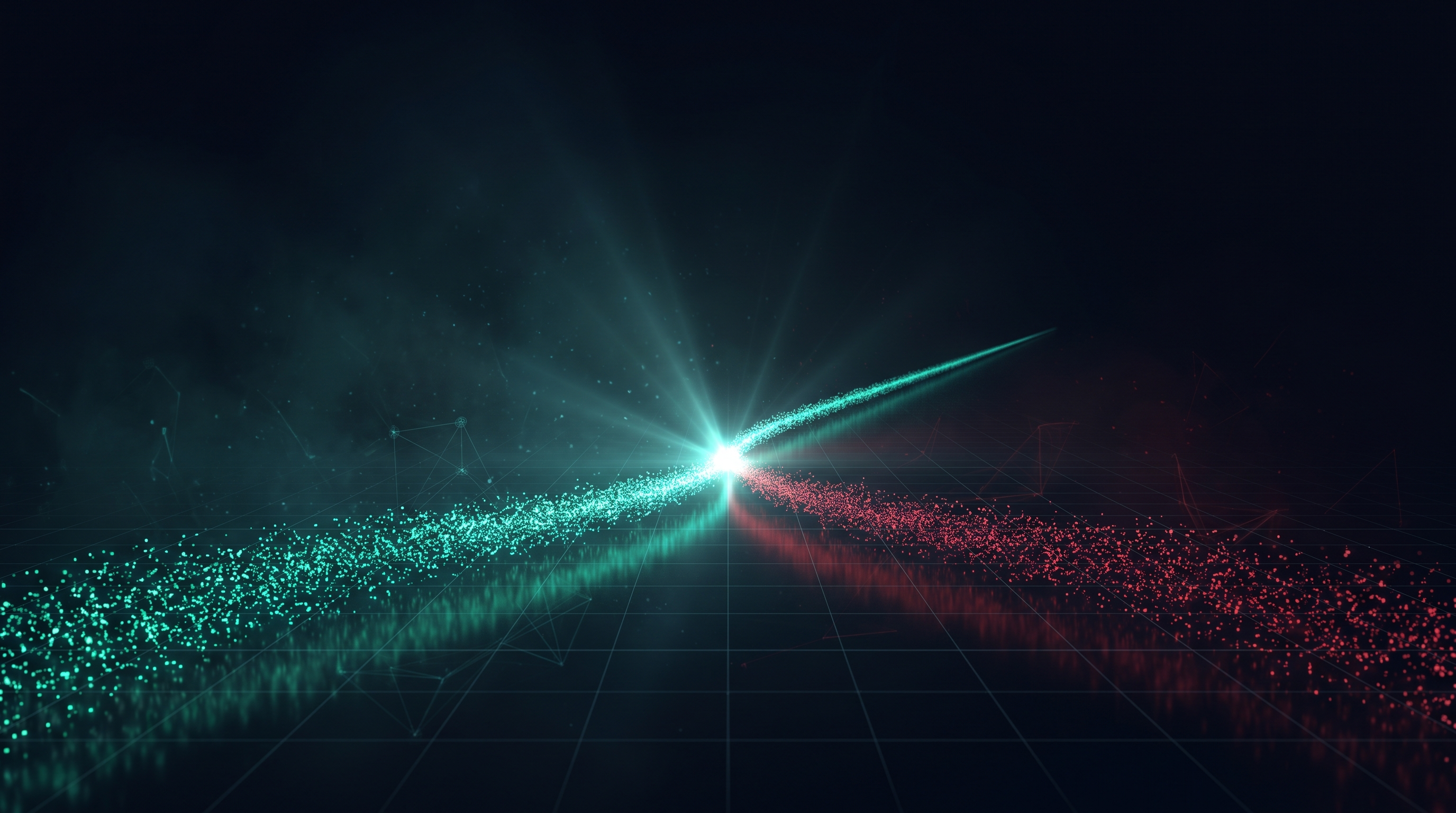 Two rivers of glowing particles, one teal and one red, flowing toward each other across a dark grid floor and meeting at a single bright point of light that continues as one thin teal line