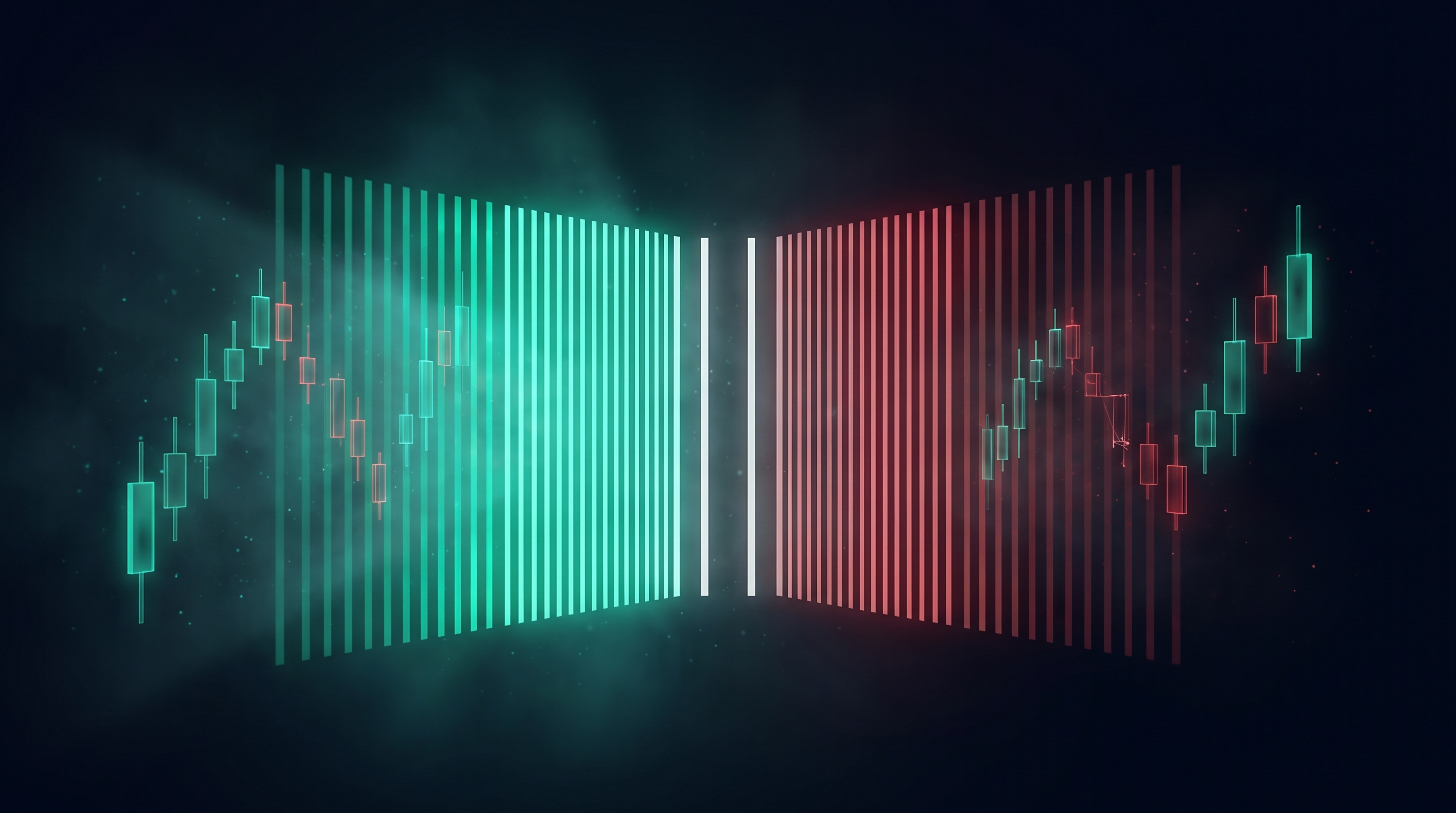 Two glowing walls of vertical light bars, one emerald-teal and one crimson, facing each other across a narrow luminous gap in a dark navy space, representing the bid and ask sides of an options market