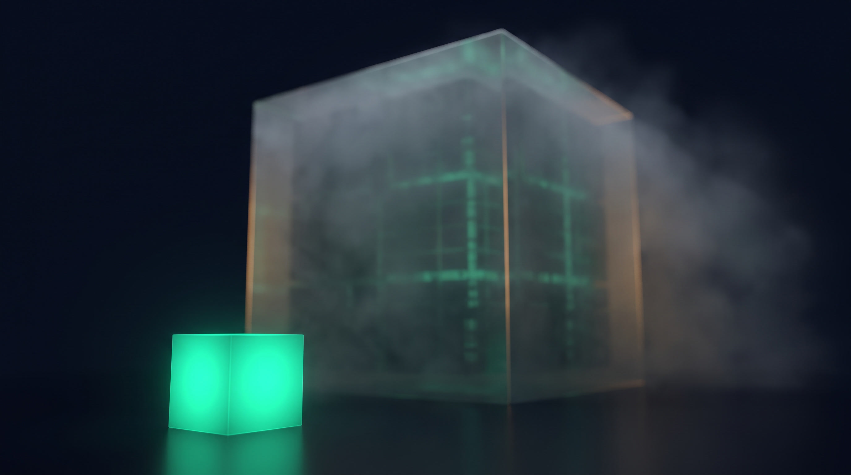 A cinematic render of a single small glowing teal cube in the foreground with an enormous translucent cube of the same shape receding behind it into fog, showing scale multiplied many times over