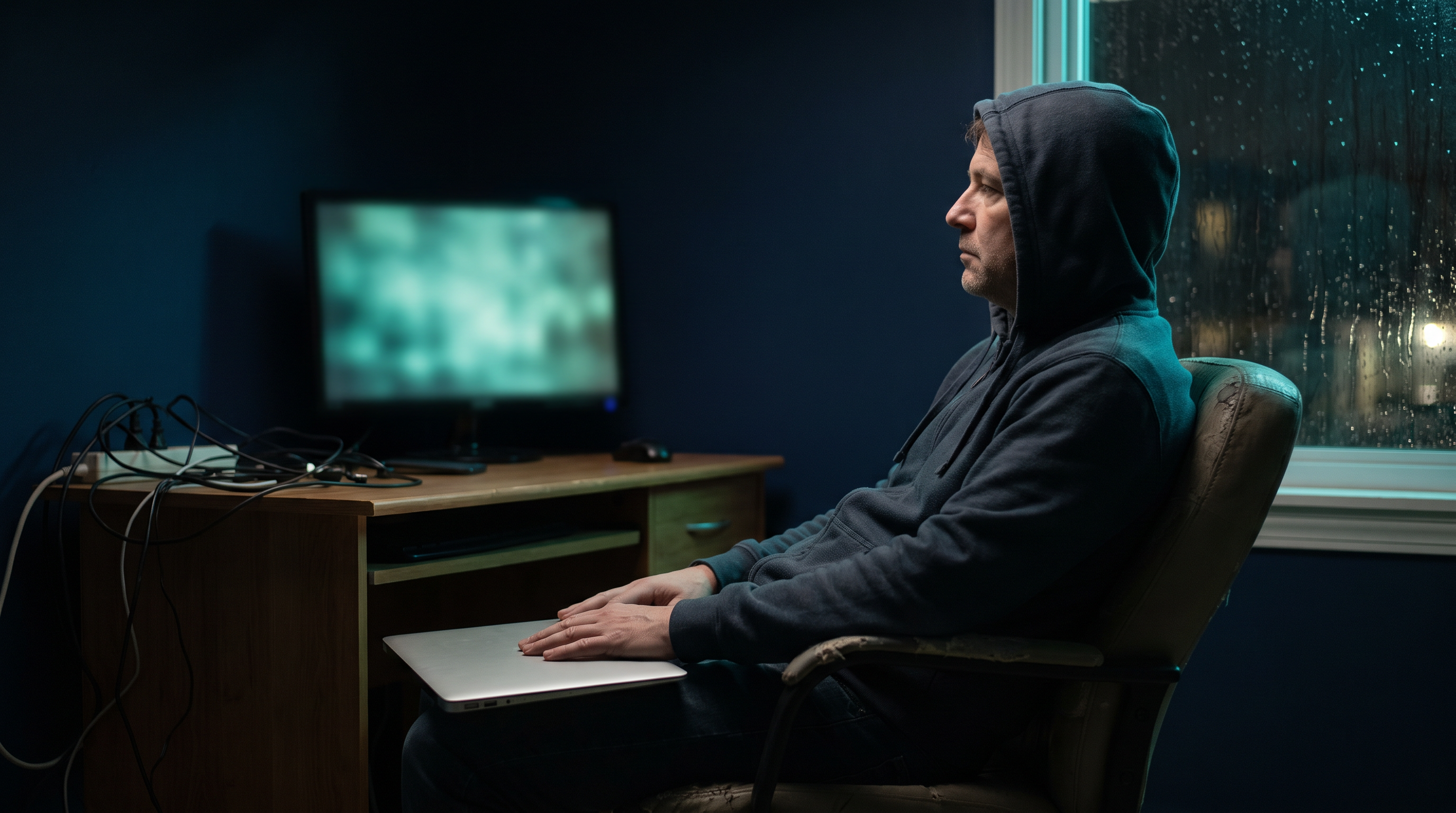 A trader in a dark home office at night, turned away from a softly glowing monitor, looking out a rain-streaked window with one hand resting on a closed laptop