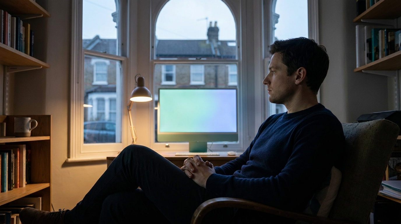 A trader sitting back from the desk in a dim office, hands still, looking at a softly blurred screen