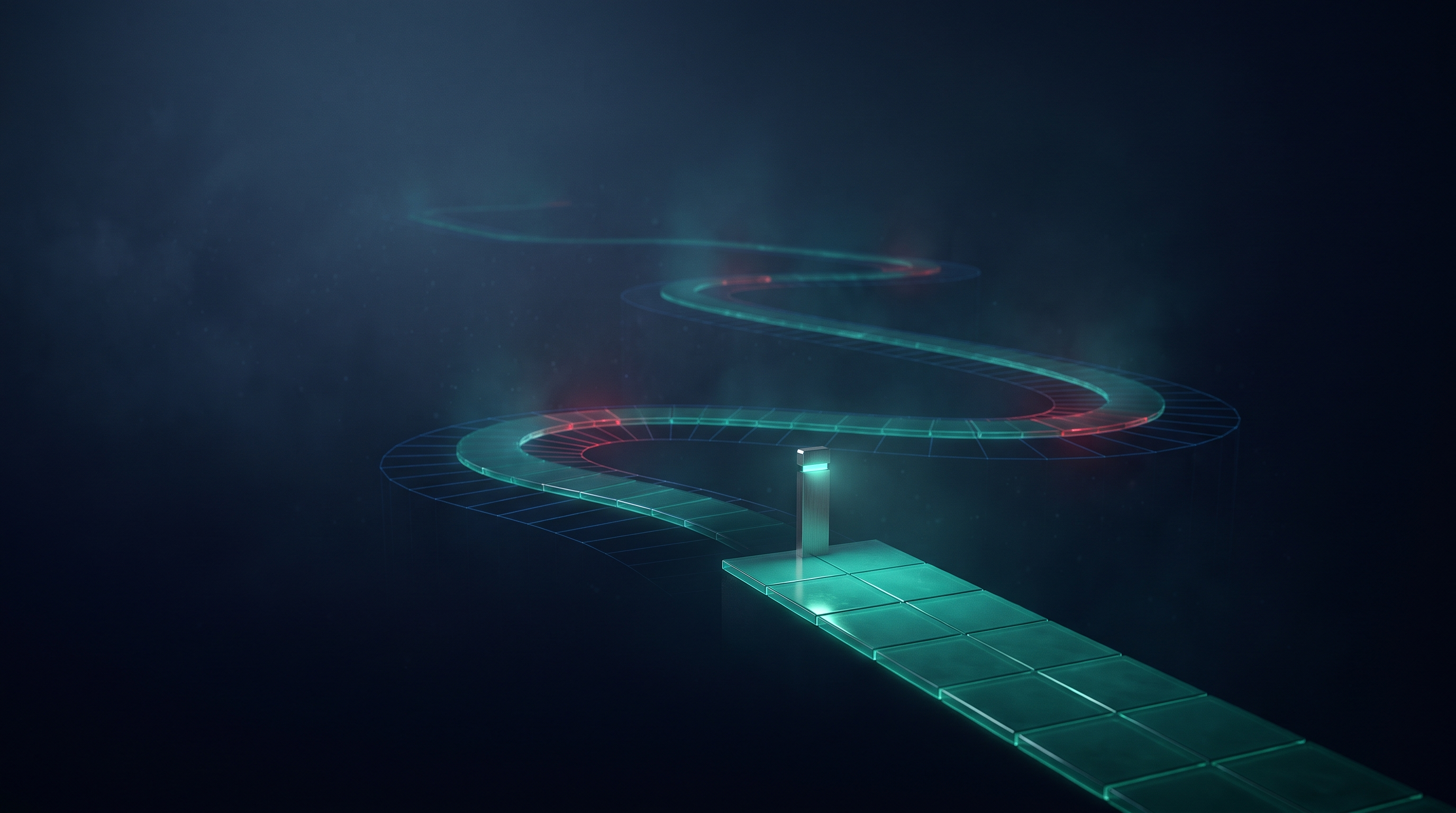 A short path of glowing teal floor tiles ends at a small lit marker post, while the real path continues far beyond it as a long winding ribbon of dimmer teal light with a few red detours, fading into a dark misty distance