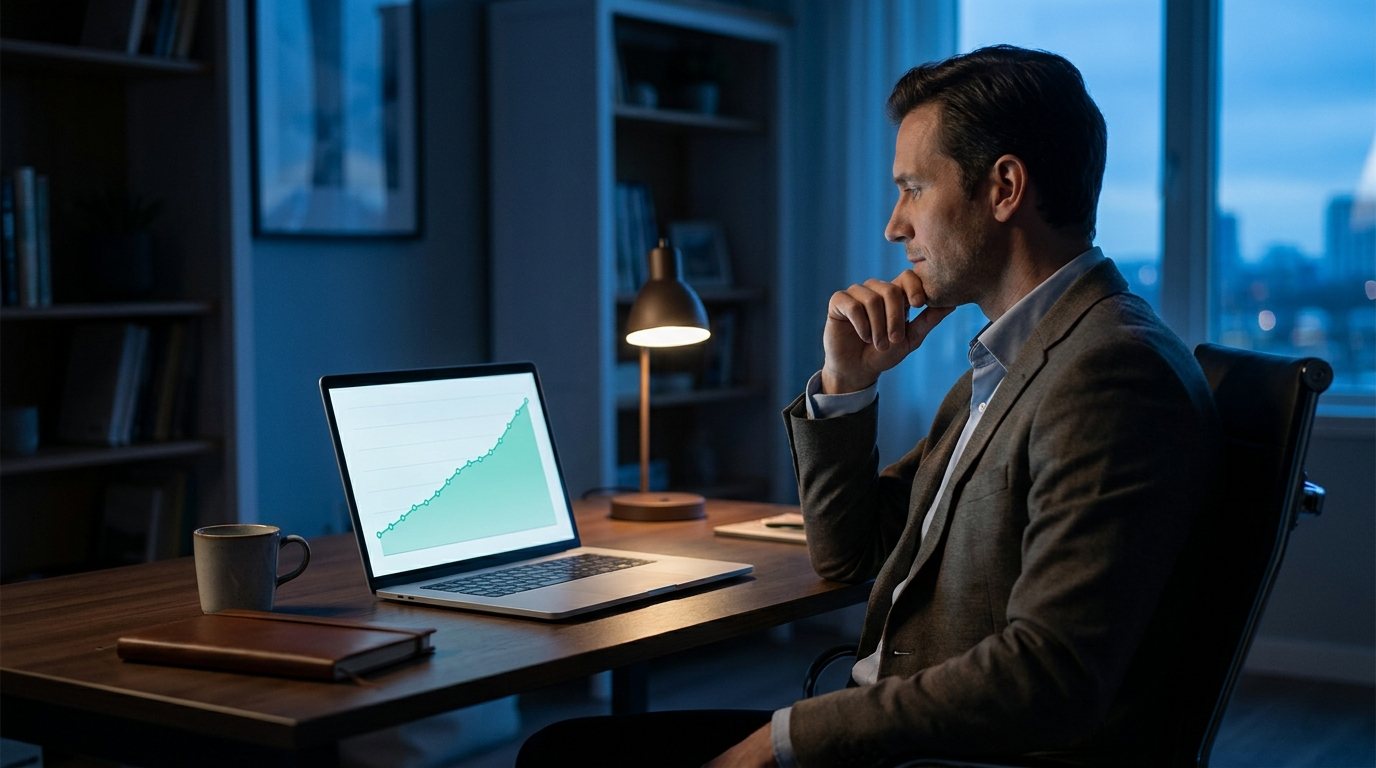 A calm trader reviewing a steady, gently rising equity curve on a laptop in a quiet evening home office with teal screen glow