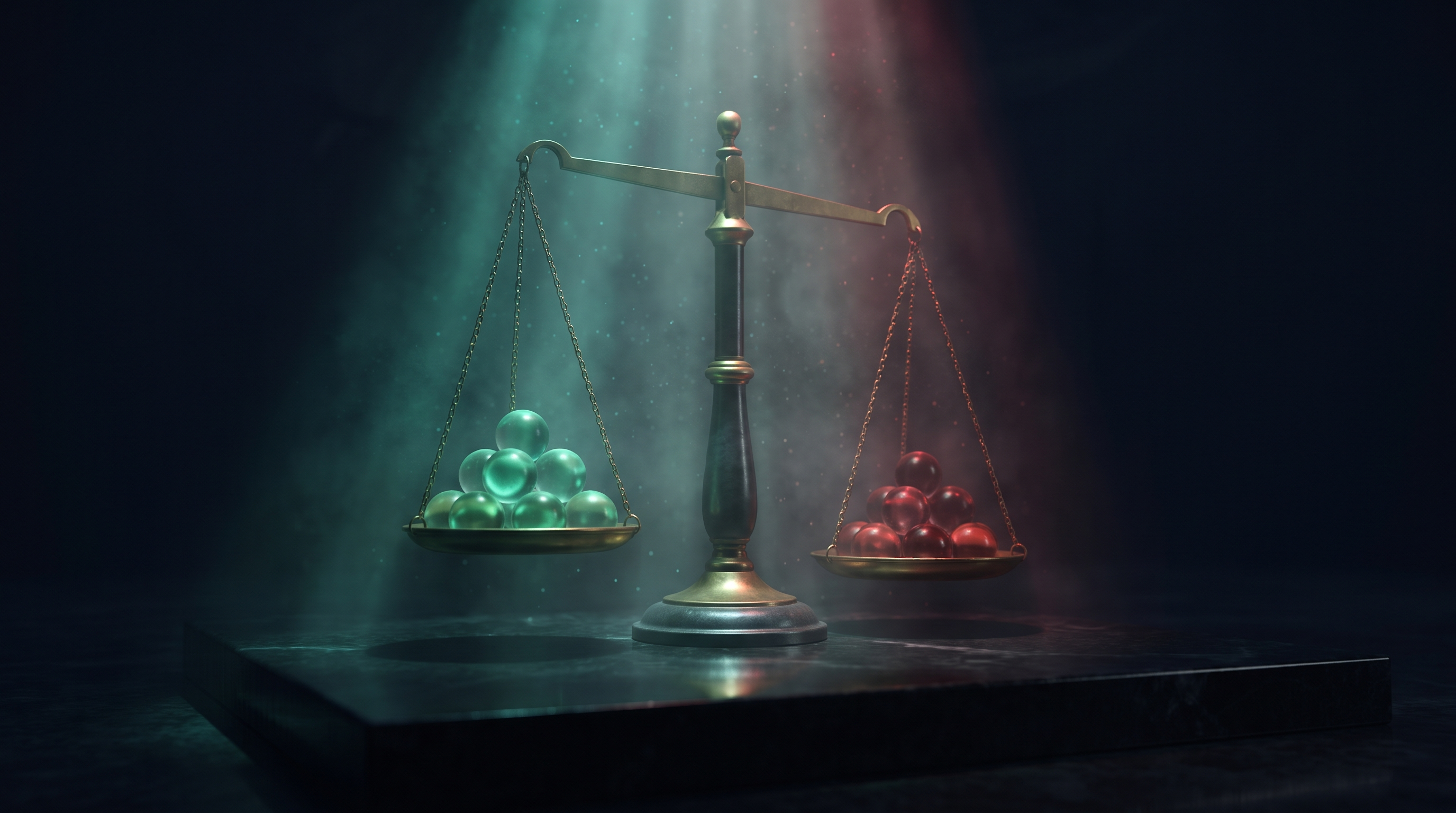 A brass balance scale on a dark stone slab, one pan holding glowing teal glass spheres and the other holding red glass spheres, lit by beams of teal and red light