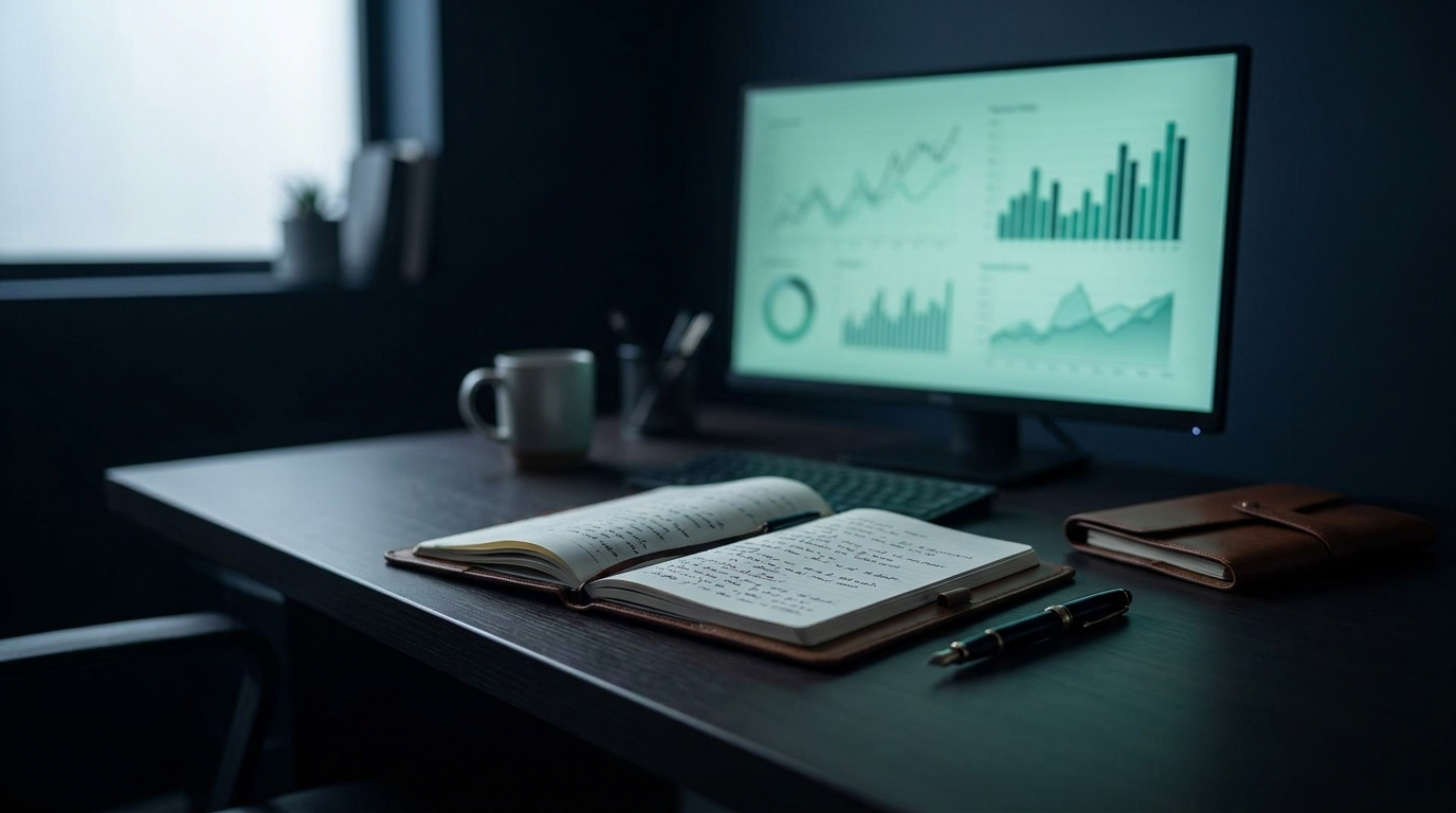 A tidy dark desk with an open notebook of handwritten trading notes beside a monitor showing charts, representing a written trading plan