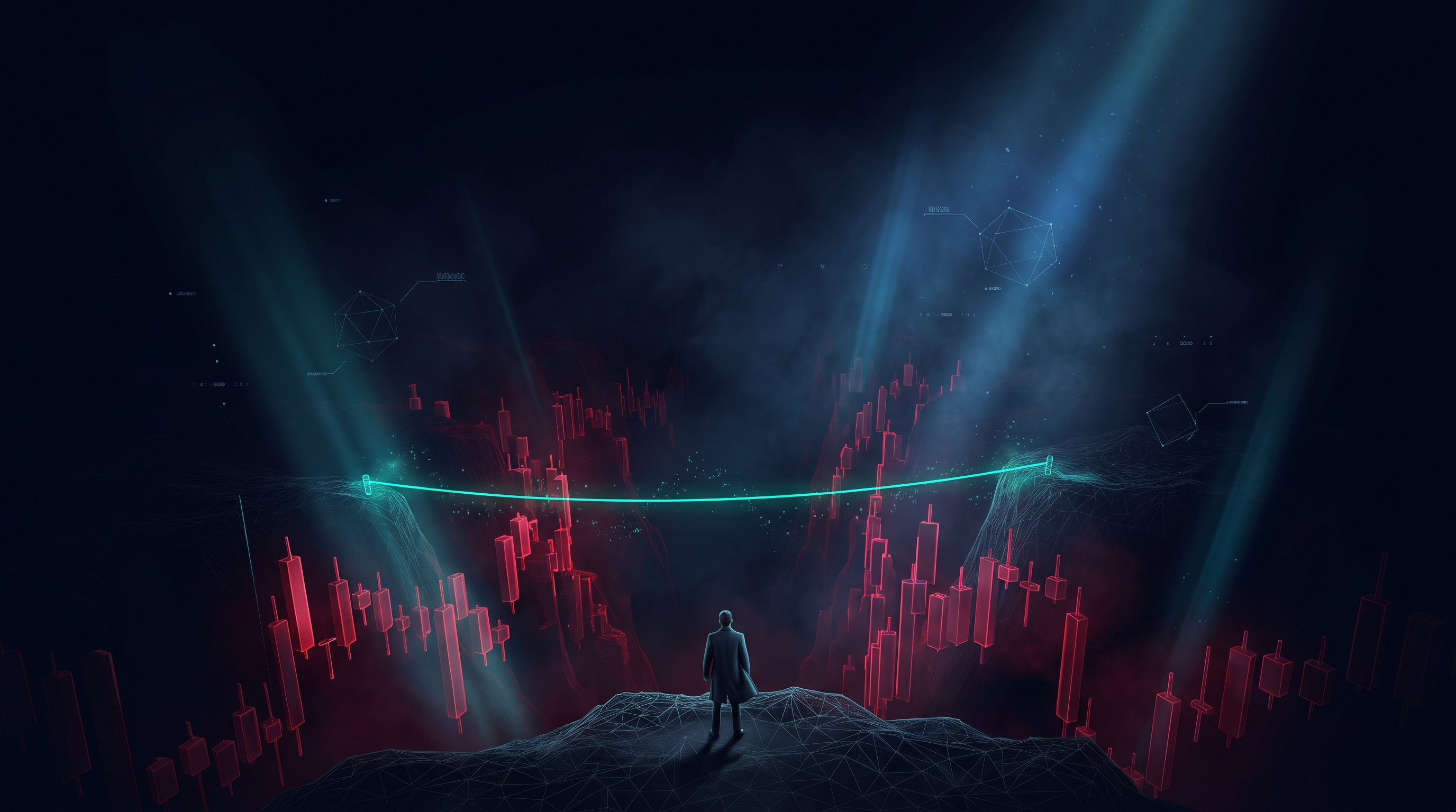 Conceptual render of a lone figure in a suit seen from behind at the rim of a deep canyon formed from descending red candlestick blocks, with a single thin emerald line of light tracing a floor across the void partway down