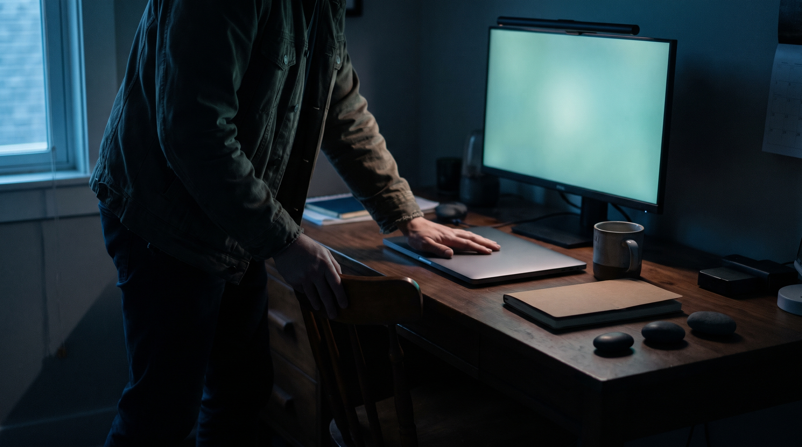 A trader standing up from a desk in a dim home office at dusk, one hand resting on a closed laptop, a monitor glowing plain teal and three small dark stones lined up beside a notebook