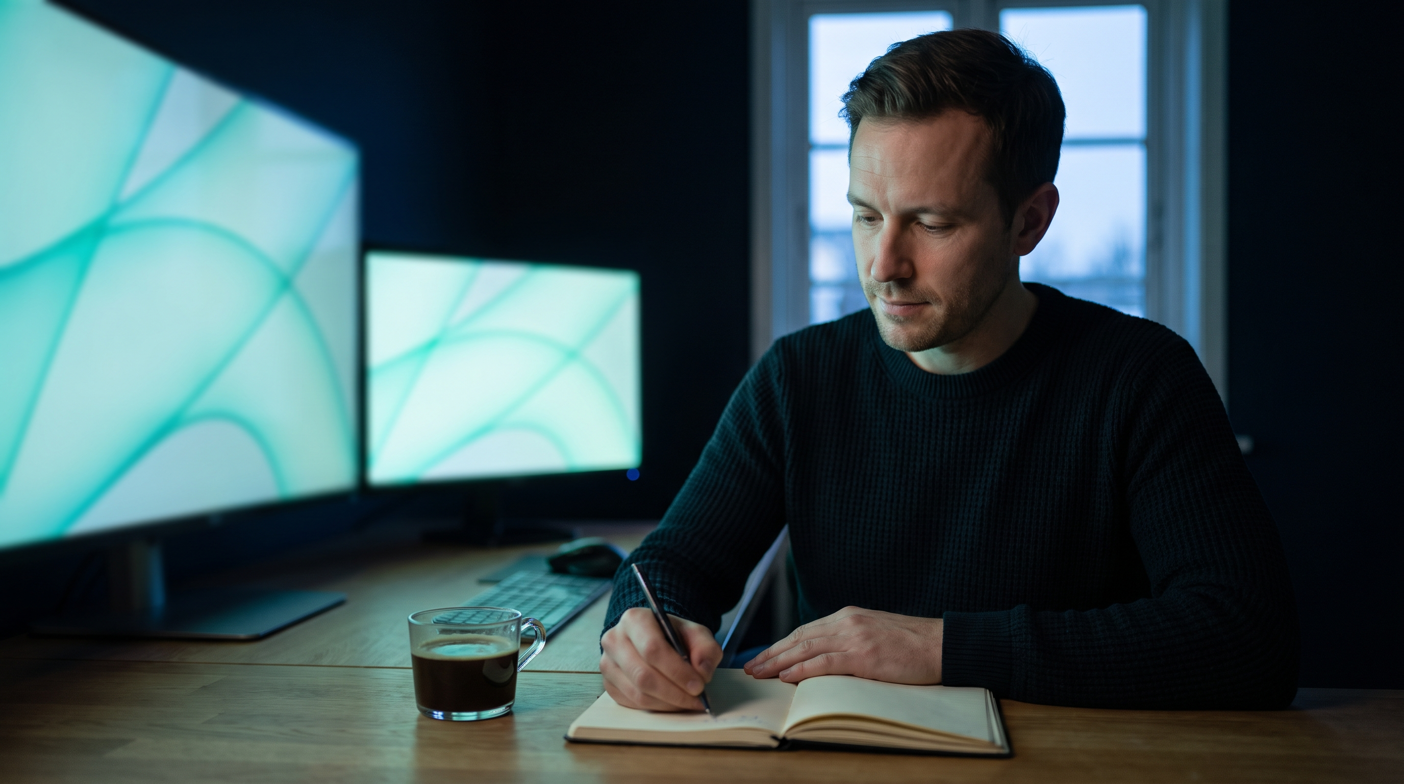 A lone trader writing notes in a paper notebook at a dark home office desk before dawn, two monitors glowing softly with abstract teal shapes beside a cup of coffee