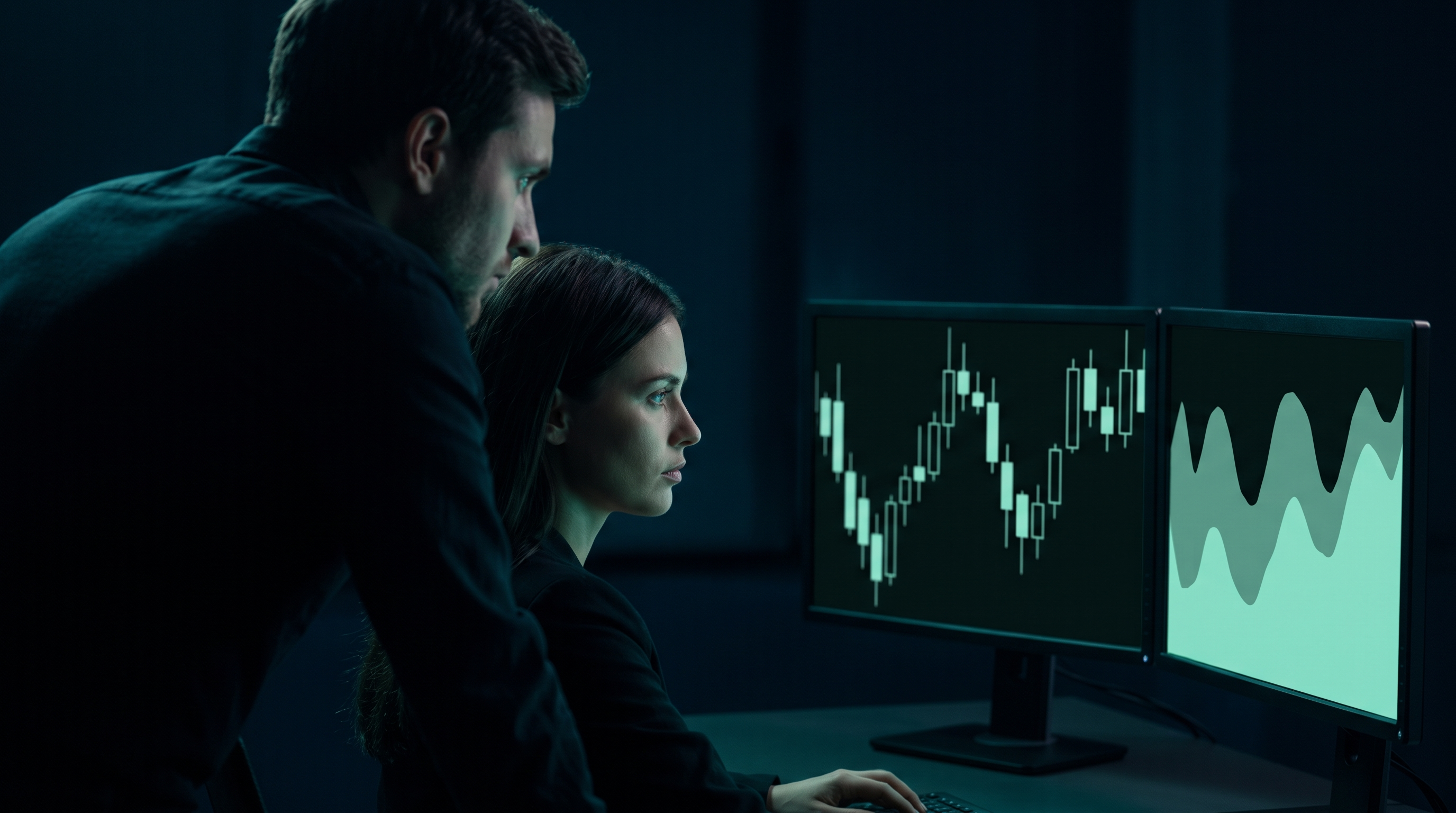 Two traders in a dark office studying adjacent monitors, one showing a candlestick chart and the other a smoothed area chart, lit only by teal screen glow