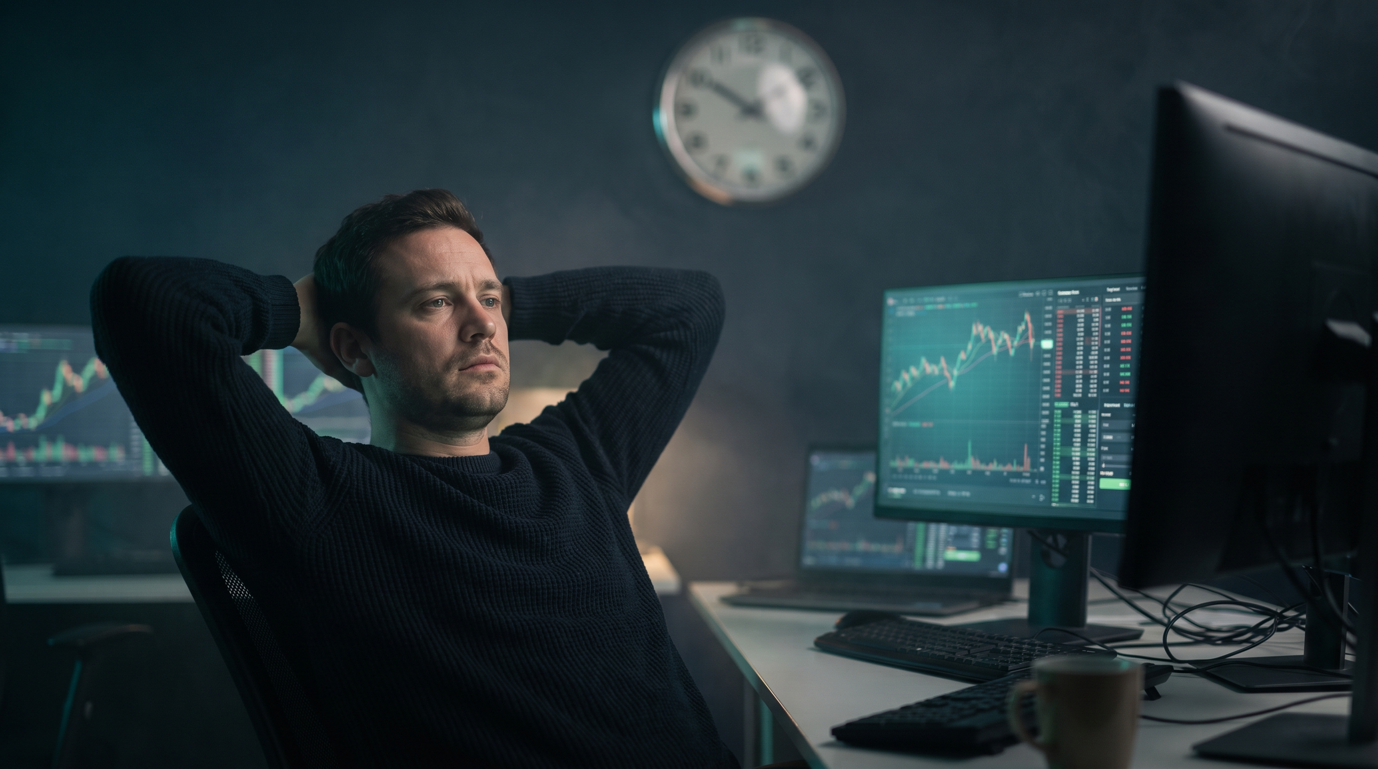 A trader sitting back from a multi-monitor desk with hands behind their head, watching an open position rather than acting on it, with a wall clock softly visible behind the screens