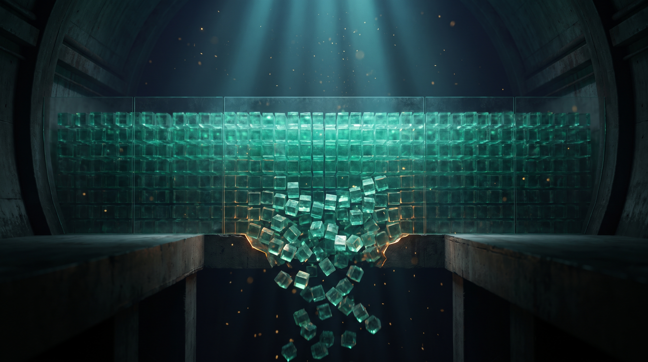 A cinematic render of a dark chamber holding a glowing teal lattice of cubes behind a barrier, with part of the lattice breaking free and cascading downward into shadow