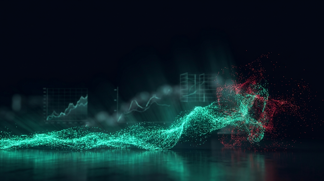 A cinematic render of a fast teal particle stream turning turbulent and red on one side, representing how rising trade frequency accumulates risk