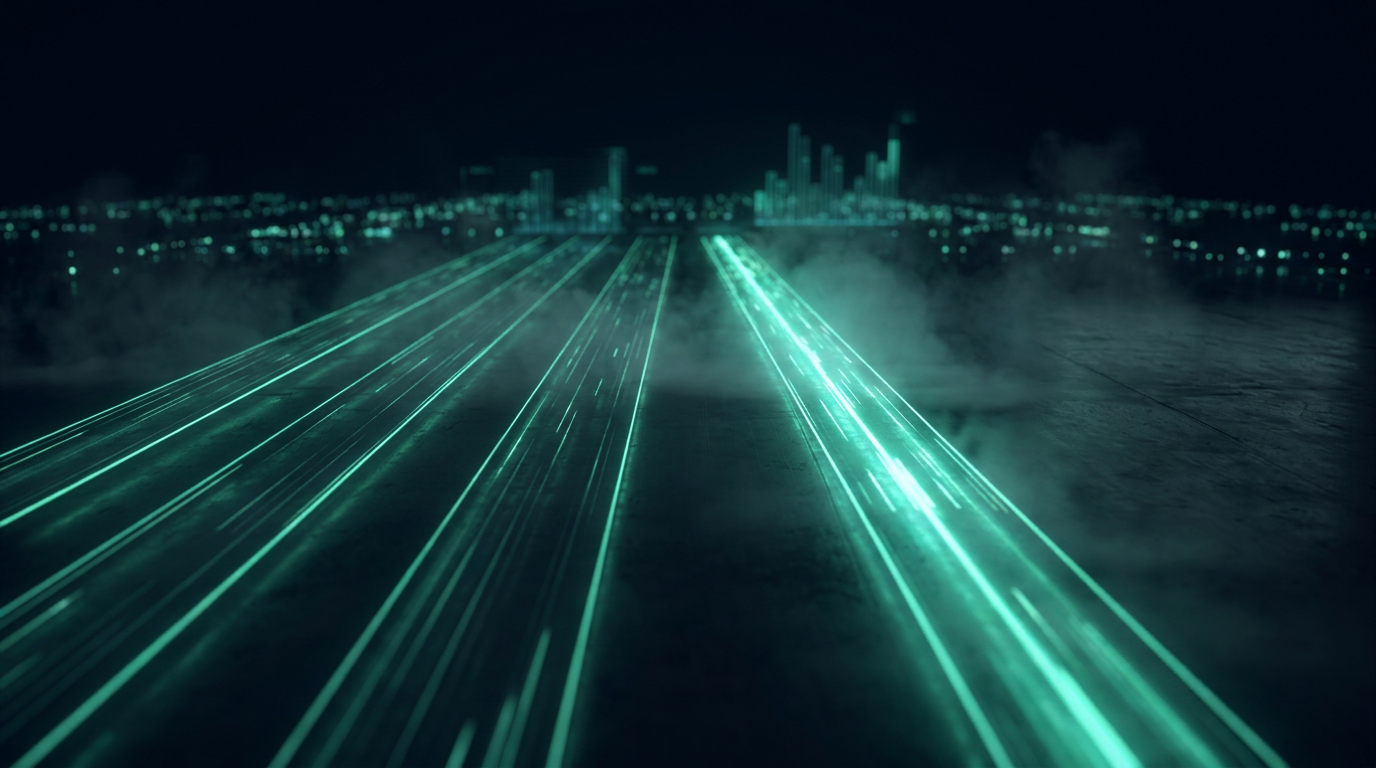 Four parallel glowing data pathways with one brighter lane, representing a side-by-side comparison of funded-trading firms