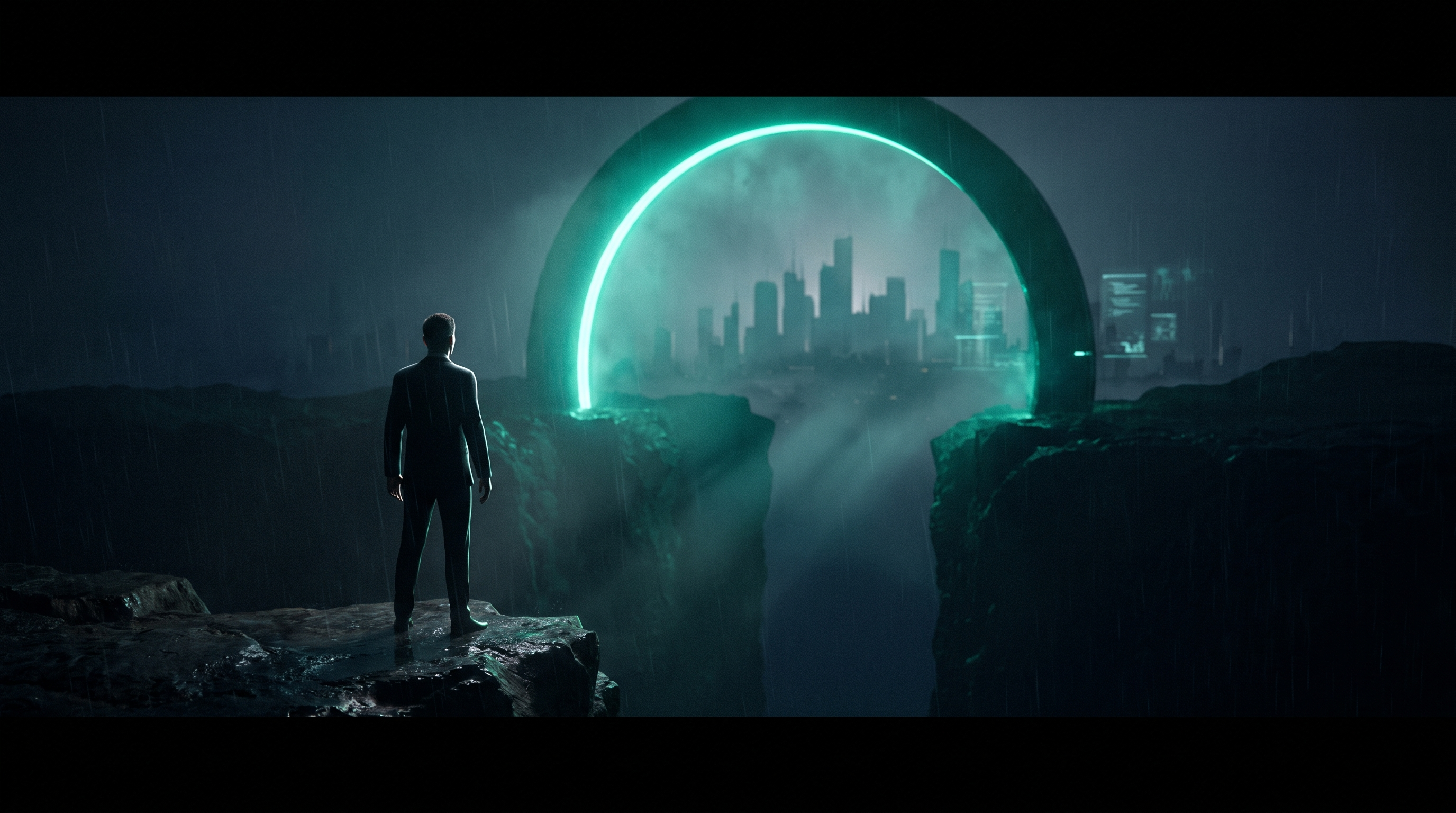 A cinematic render of a lone figure in a suit seen from behind on a dark cliff edge, facing a towering glowing emerald archway that frames a distant foreign skyline across a chasm