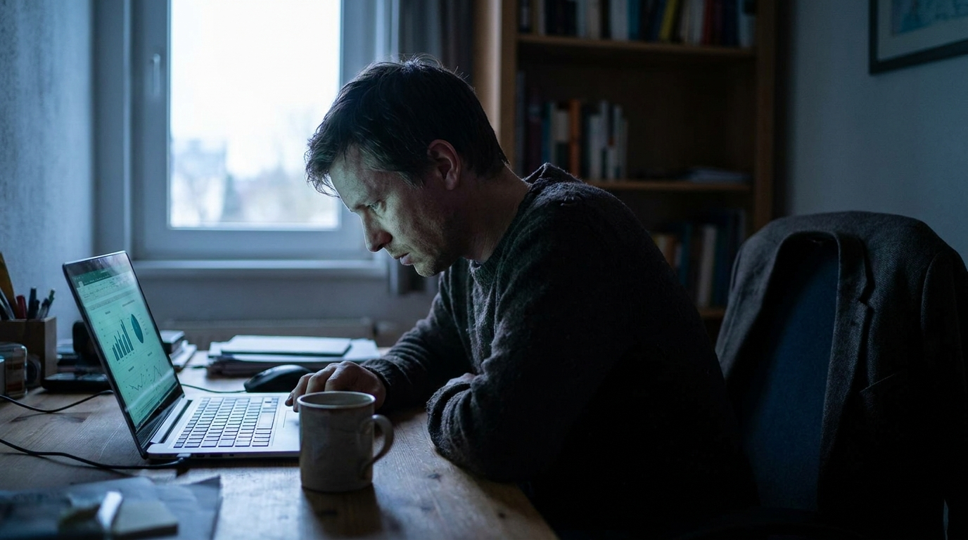 A person trading on a laptop at a home desk in the early morning before work, a coffee mug nearby, soft dawn light mixing with teal screen glow