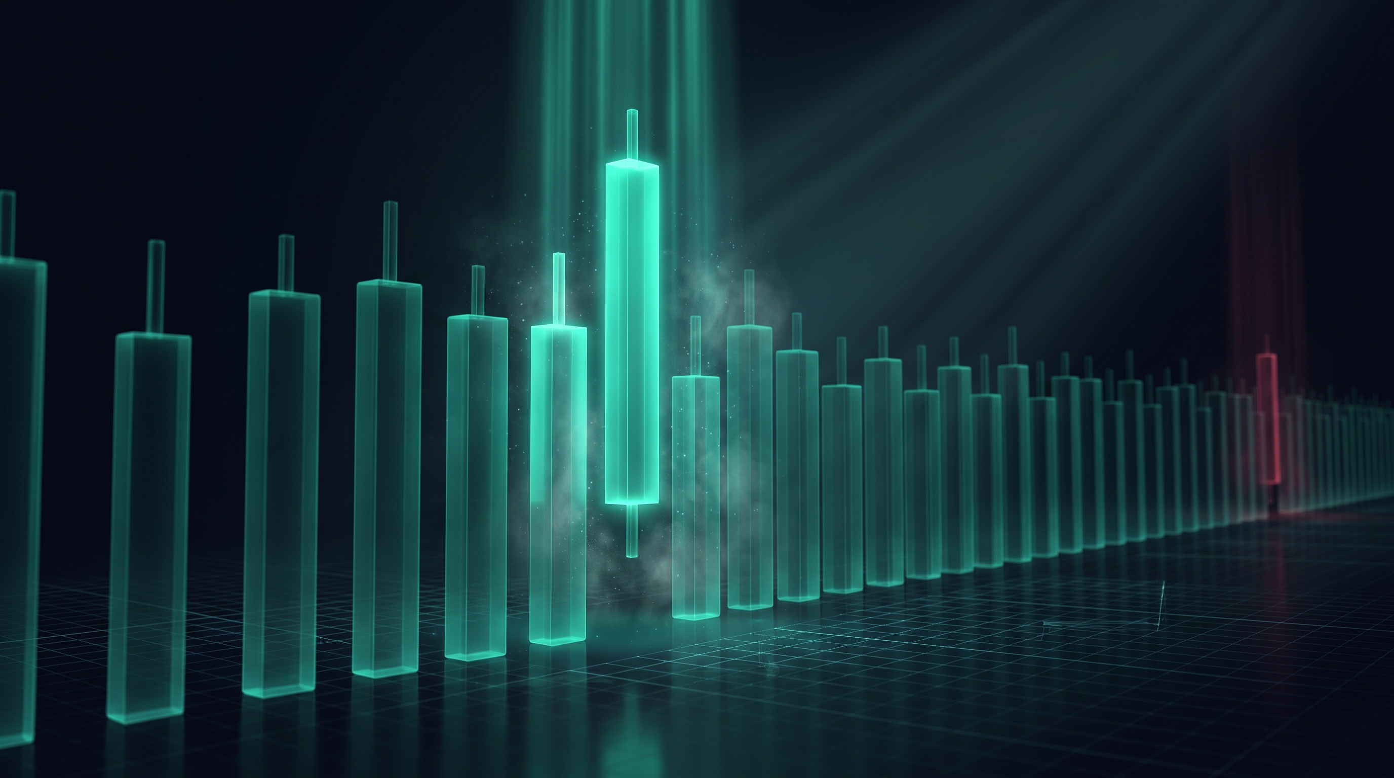A cinematic render of a long row of glowing teal candlestick pillars with one new pillar being lowered into place by beams of light, representing a stock joining a major index