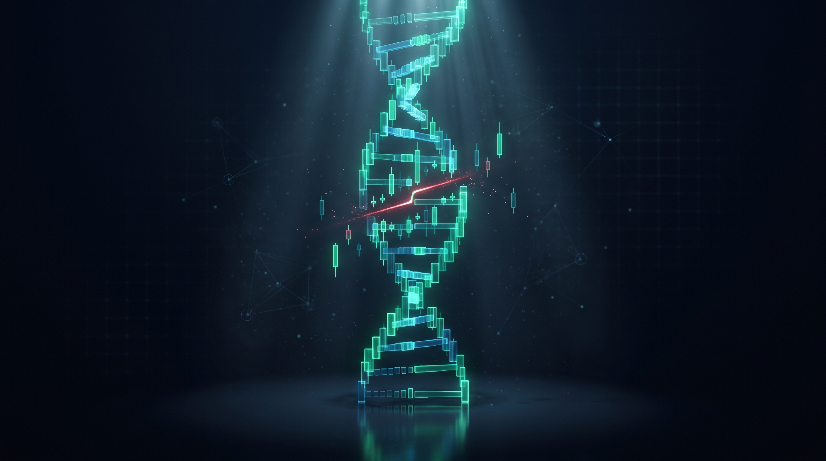 A glowing teal DNA double helix built from candlestick bars, split by a sharp red-lit break partway up, against a dark navy grid