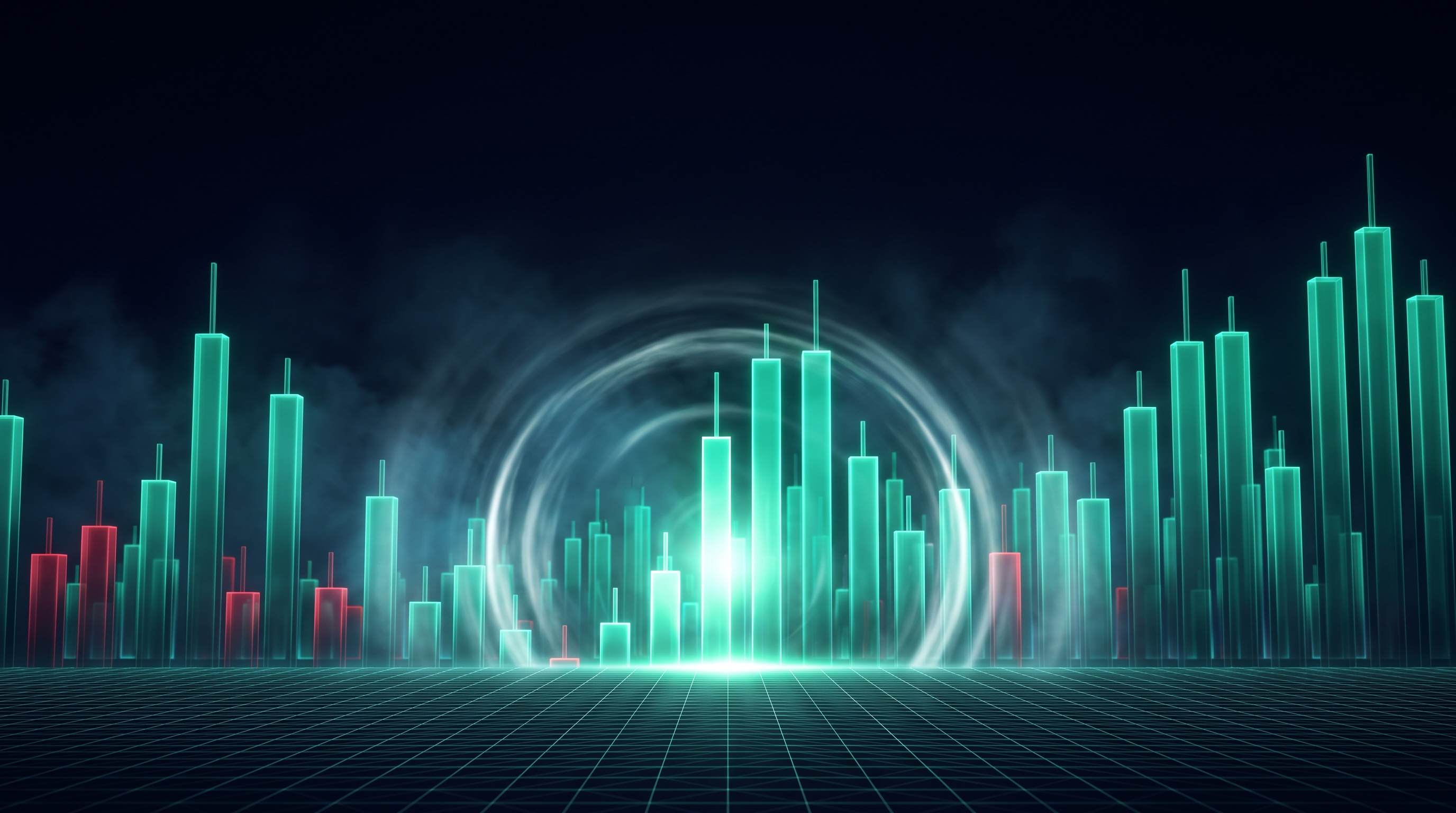 A cinematic render of a nocturnal skyline built from teal and crimson candlestick towers with a single shockwave rippling outward through fog, representing a macro data release hitting the crypto market
