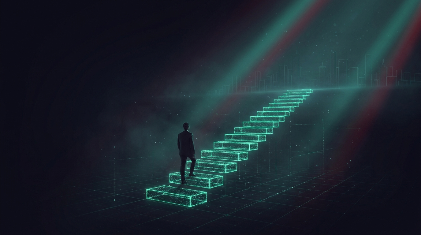 A cinematic render of a lone trader climbing a glowing teal staircase of identical steps toward a bright horizon, representing consistent trading habits that compound