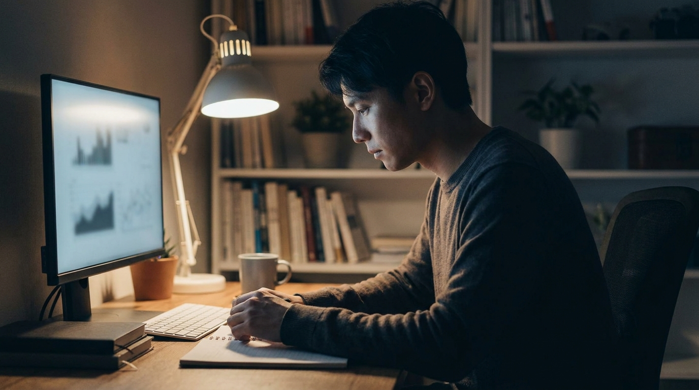 Calm trader at a desk at night with a single muted monitor glow, focused and disciplined