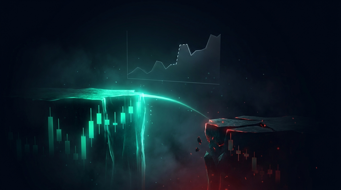 Two glowing candlestick cliff-plateaus separated by a dark vertical gap, emerald light spanning the void with a thin bridge, on a dark navy background