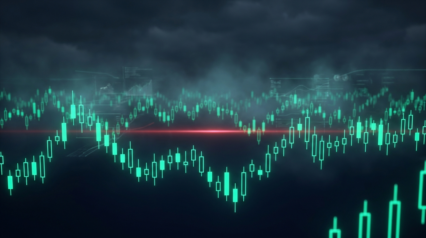 A field of frozen teal candlesticks under a dark sky with a single restrained red light bar cutting across to signal a halt