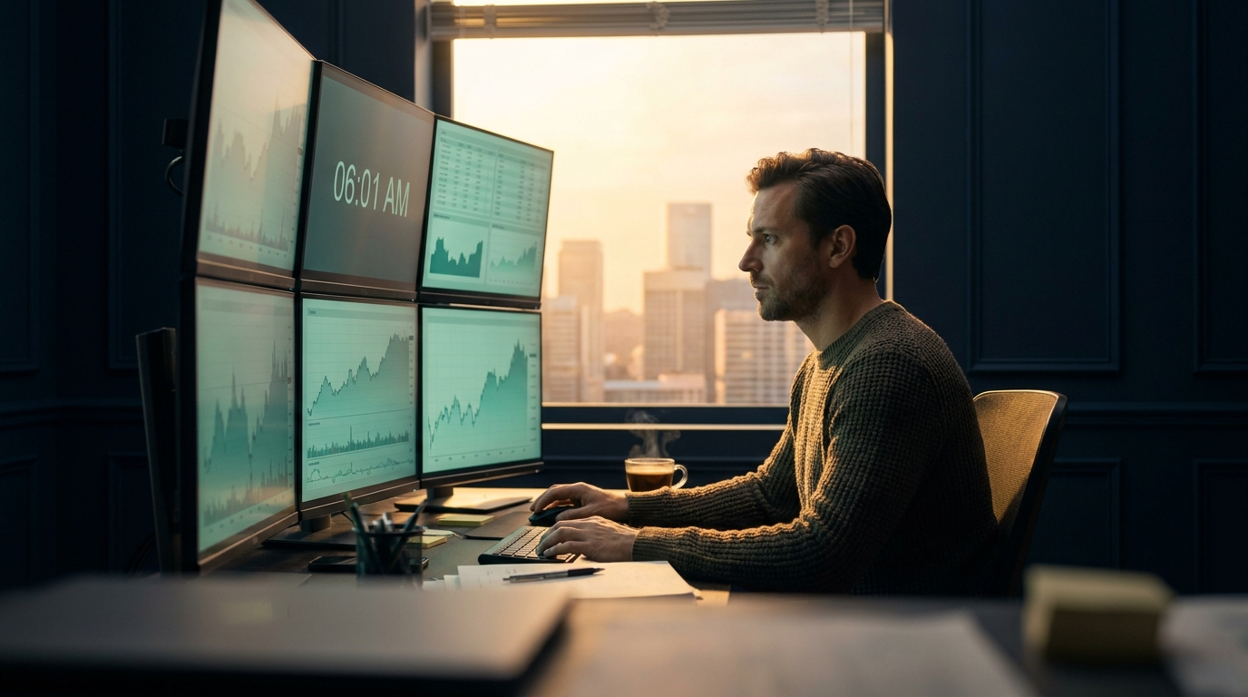 A trader at a multi-monitor desk at the market open with early dawn light through a window, representing trading hours and market sessions