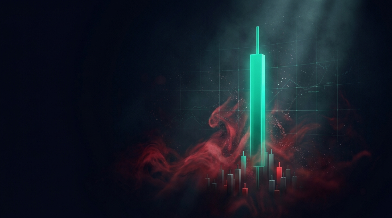 A cinematic render of a single glowing teal candlestick spiking sharply upward above smaller candles amid red volatility particles, representing a fast low float runner