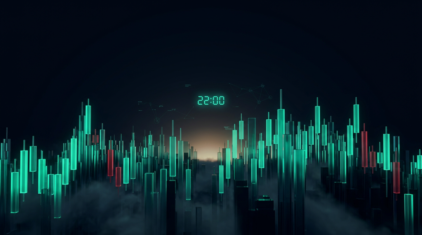 A cinematic render of a nocturnal skyline built from teal and red candlestick towers at the end of the trading day, representing trading the close