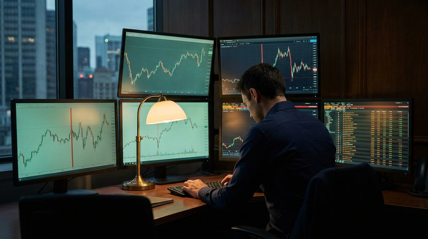 A futures trader at a multi-monitor desk watching charts and an economic data schedule as a release moves the market