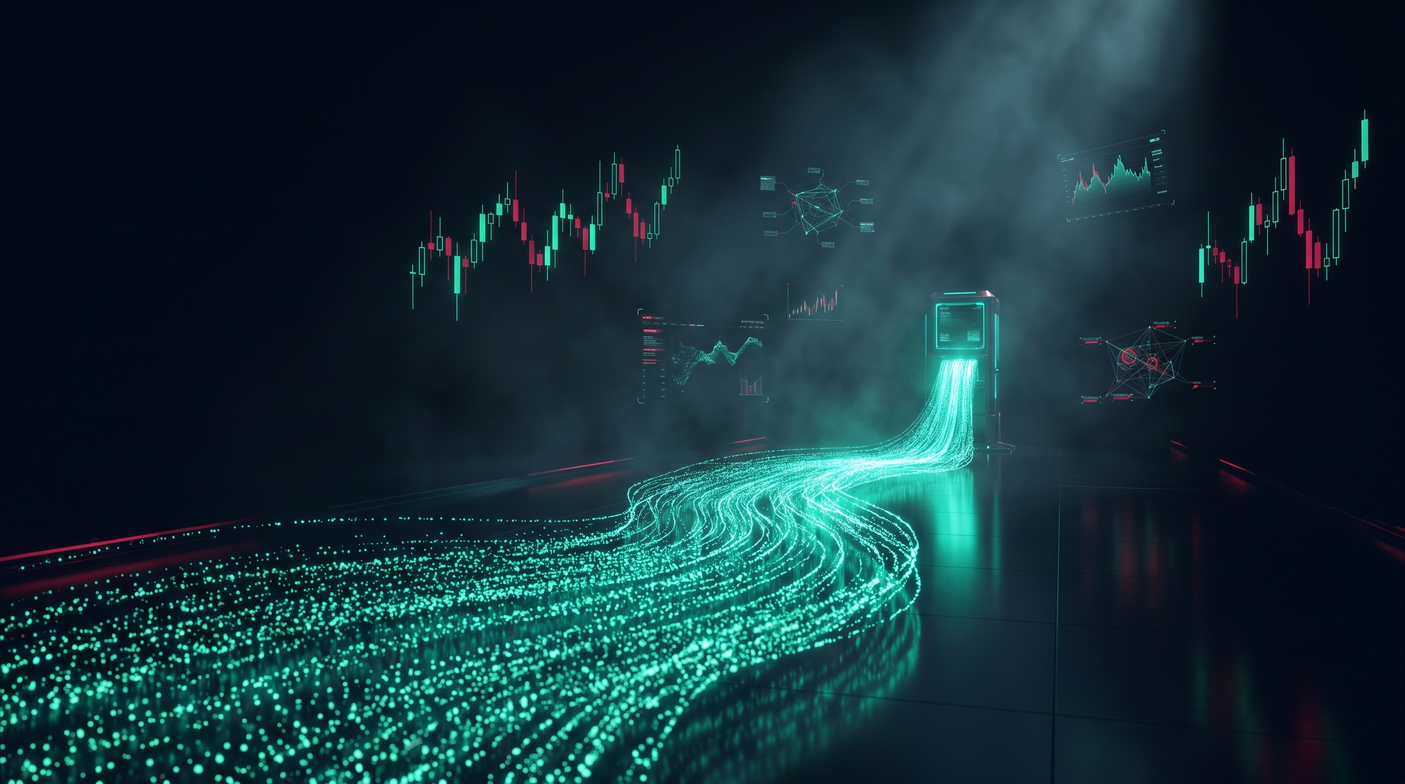 A cinematic render of a river of emerald-teal data particles flowing across a dark polished floor and converging into the glowing screen of a single trading terminal, no people in frame