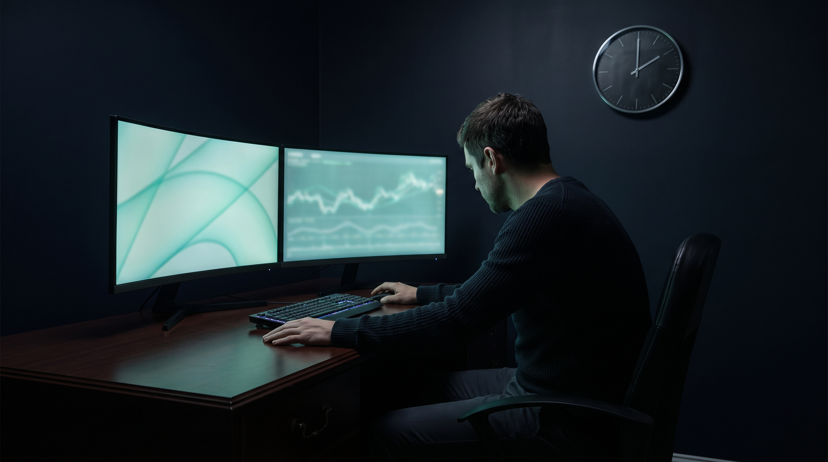A futures trader seen from behind at a dark desk, sitting still and waiting, with a plain wall clock near two o'clock and two monitors glowing with soft blurred teal chart lines