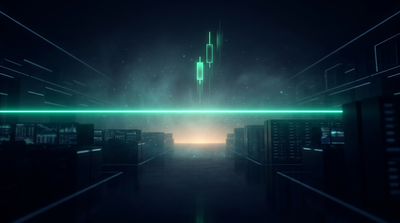 A dramatic dawn horizon over a dark data cityscape with a single glowing teal horizontal band marking a narrow price range and a candlestick pushing above it