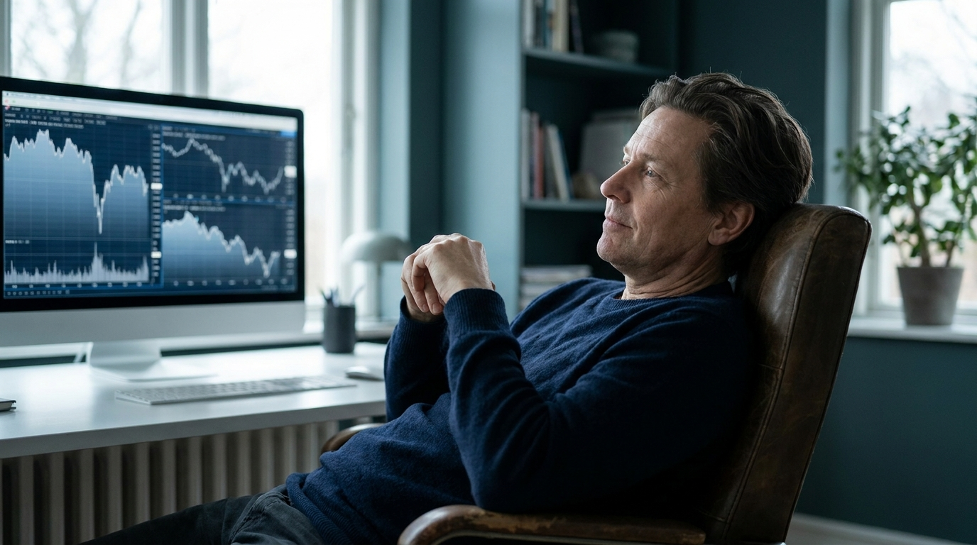 A trader sitting back calmly from a desk during a tough stretch, looking thoughtfully at muted charts in soft natural light