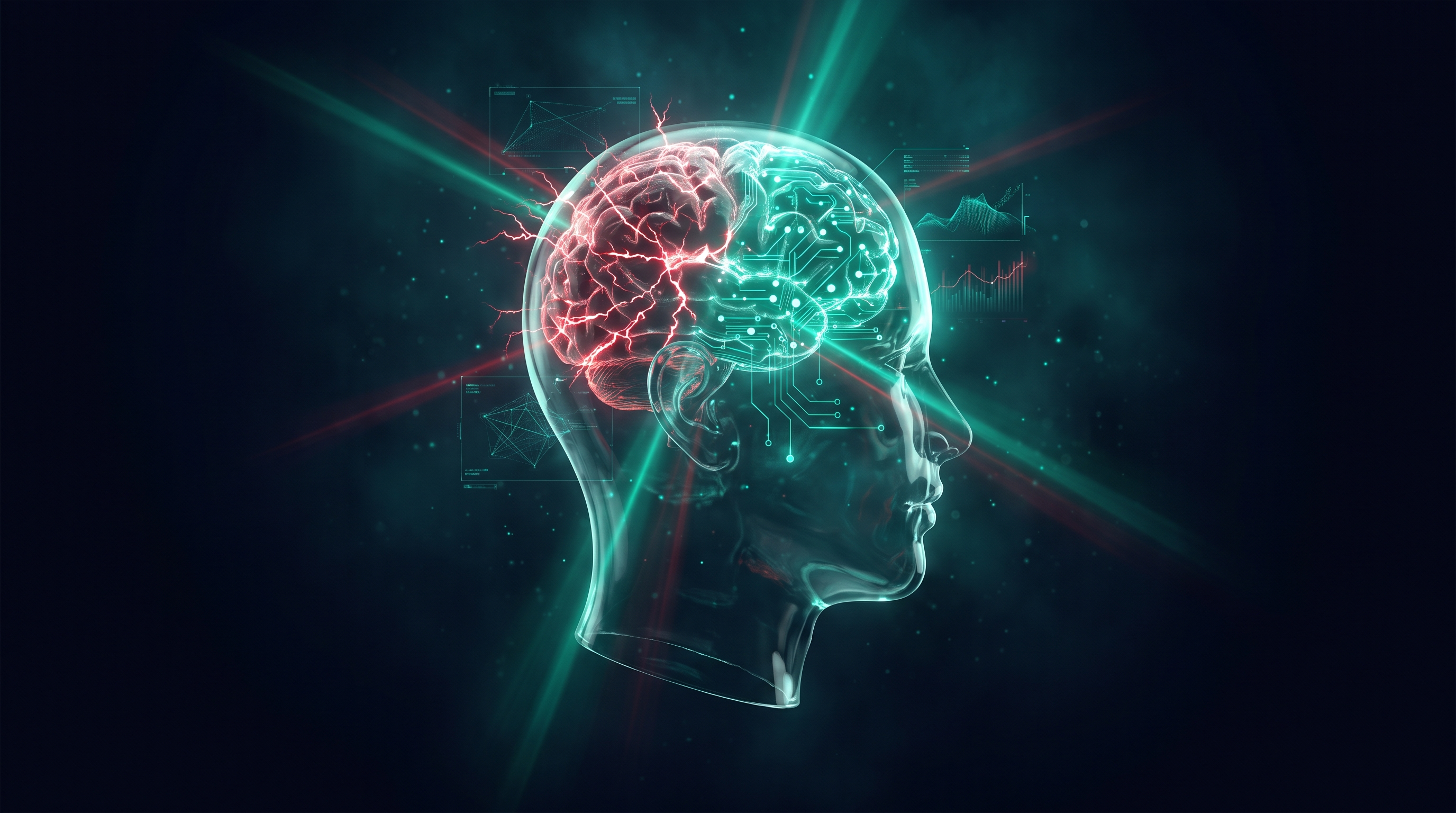 A cinematic render of a translucent human head against a black background, with red neural sparks firing along one side and calm emerald circuit traces wiring into the other
