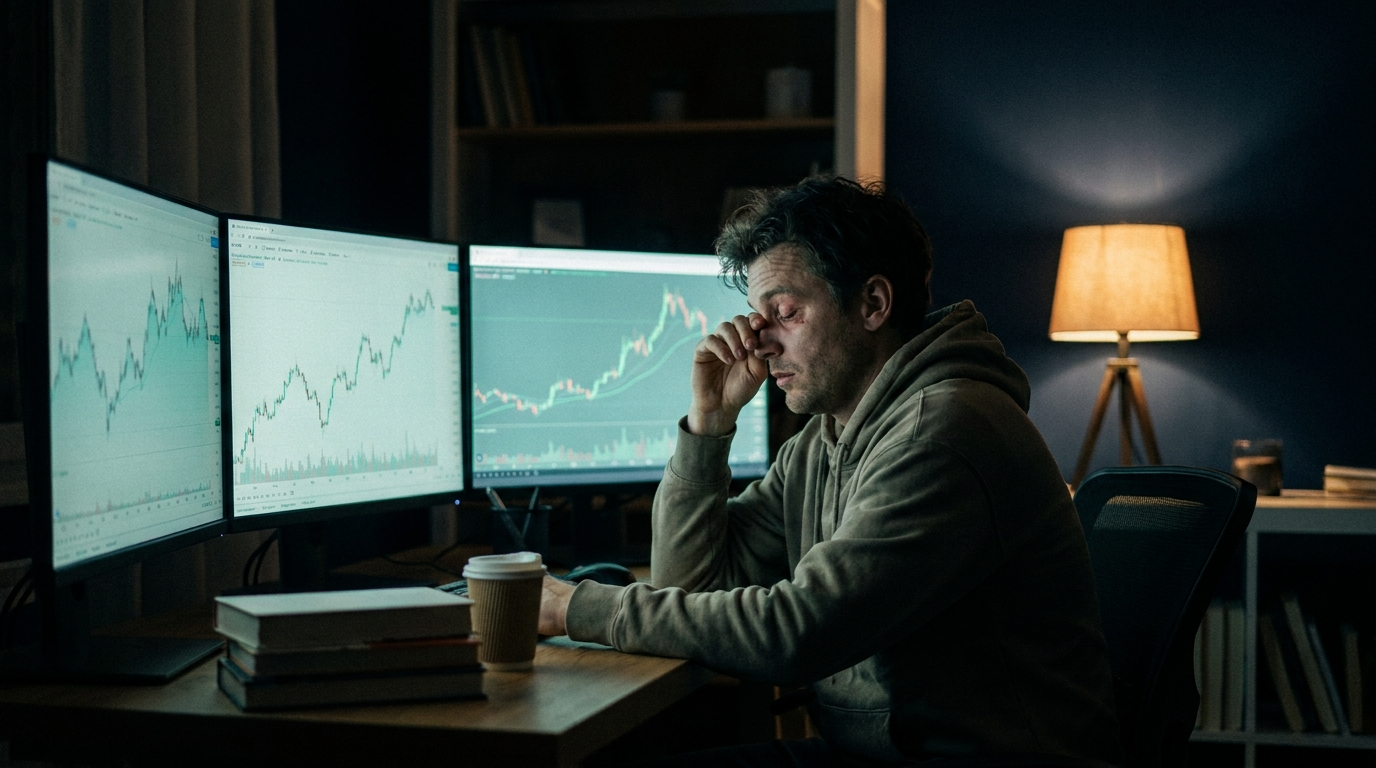 A fatigued trader rubbing their eyes at a dim desk late at night with charts glowing, representing trading while tired