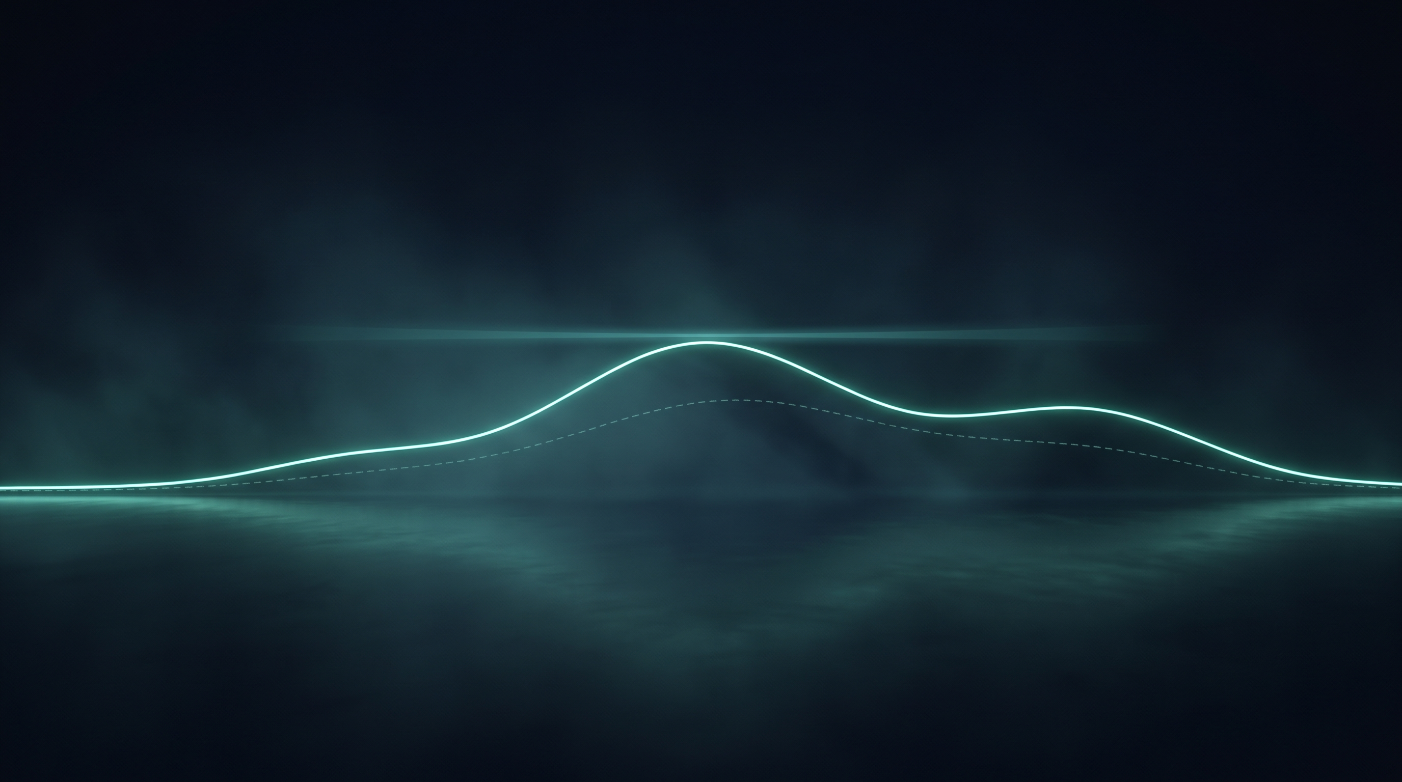 A thin glowing teal line rising and dipping across a dark reflective floor, with a faint horizontal ribbon of light marking its peak and a dashed average line beneath it