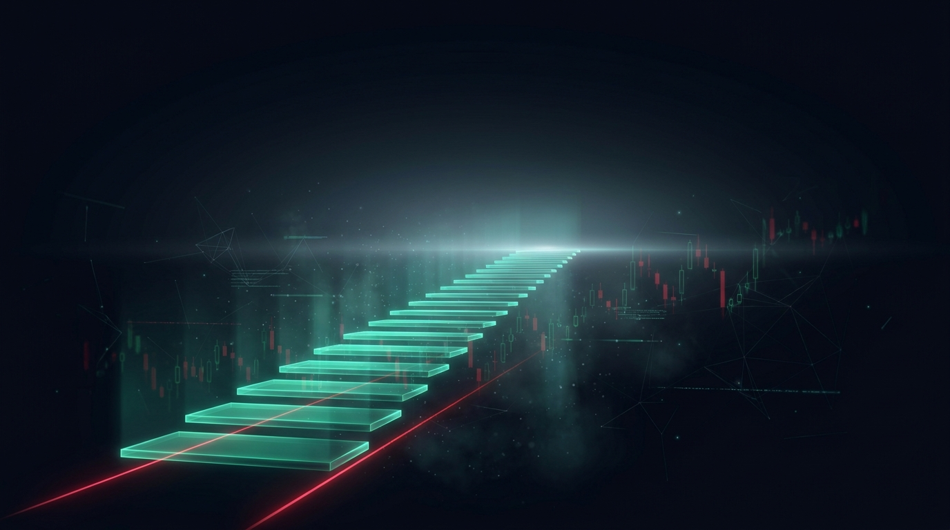 A glowing emerald staircase of light climbing toward a bright horizon, with a thin luminous floor line stepping upward beneath each stair on a dark navy background