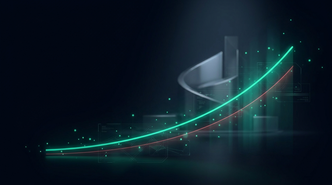 3D mint teal candlestick prisms rising to a peak above a glowing threshold plane