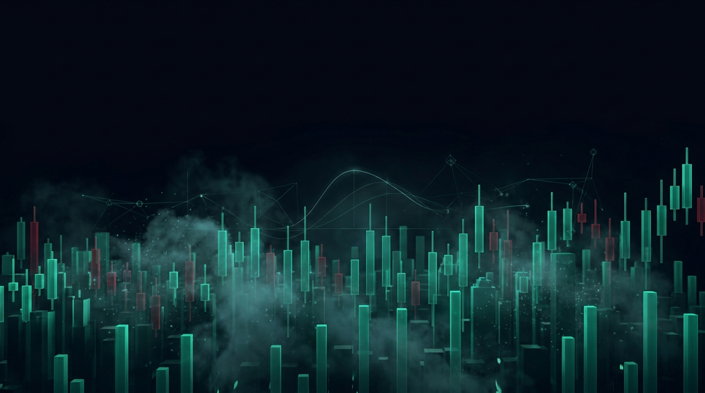 A cinematic render of a nocturnal skyline built from teal candlestick towers representing the Treasury futures market, with a faint holographic yield curve above
