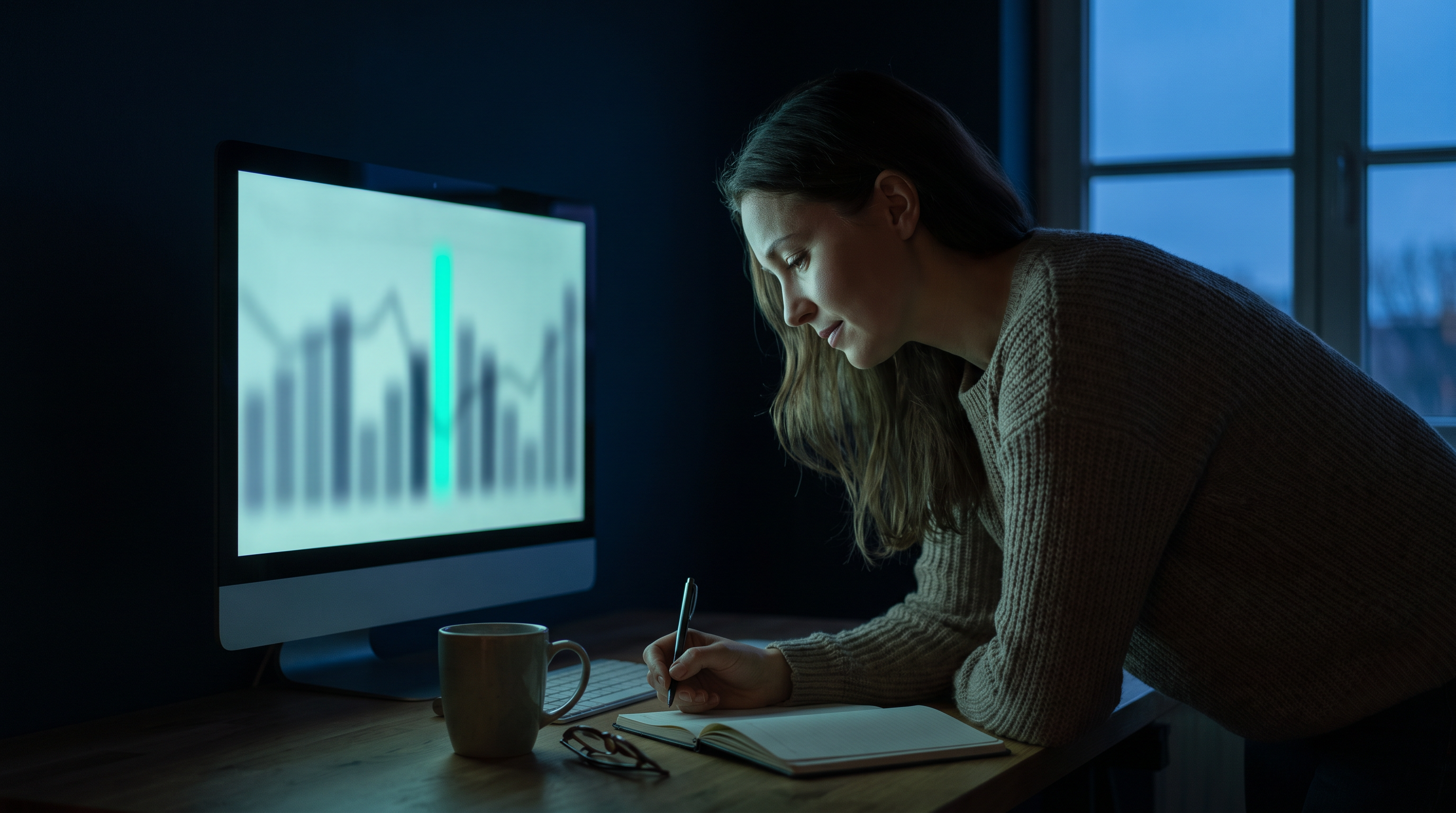 A woman leaning over a home trading desk in the early morning, pen in hand over a notebook, studying a monitor where one bright teal bar stands out among many dim blurred bars