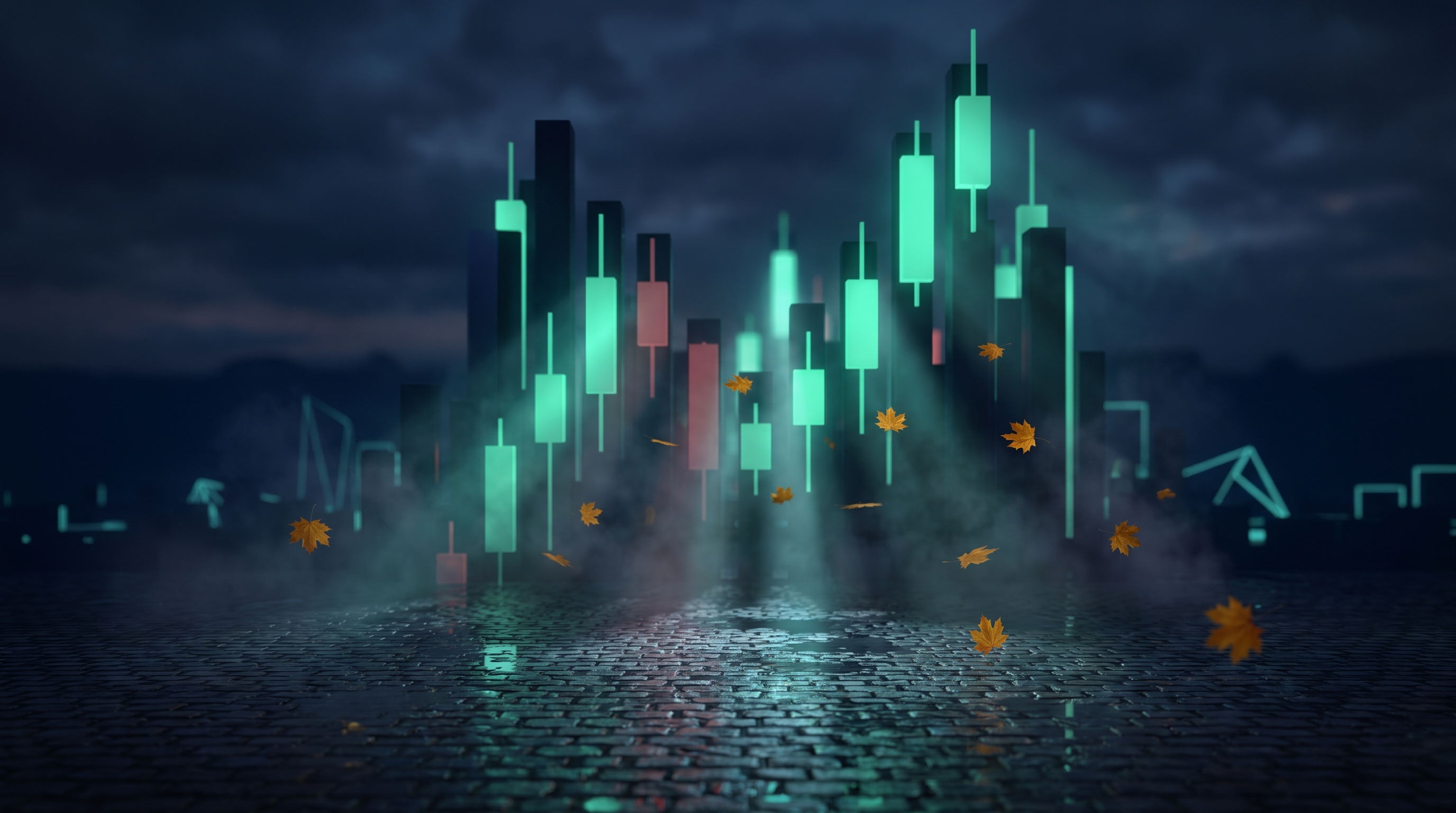 A night skyline made of tall glowing teal candlestick-shaped towers with a few red ones, seen across a wet cobblestone plaza while orange autumn leaves drift down through fog