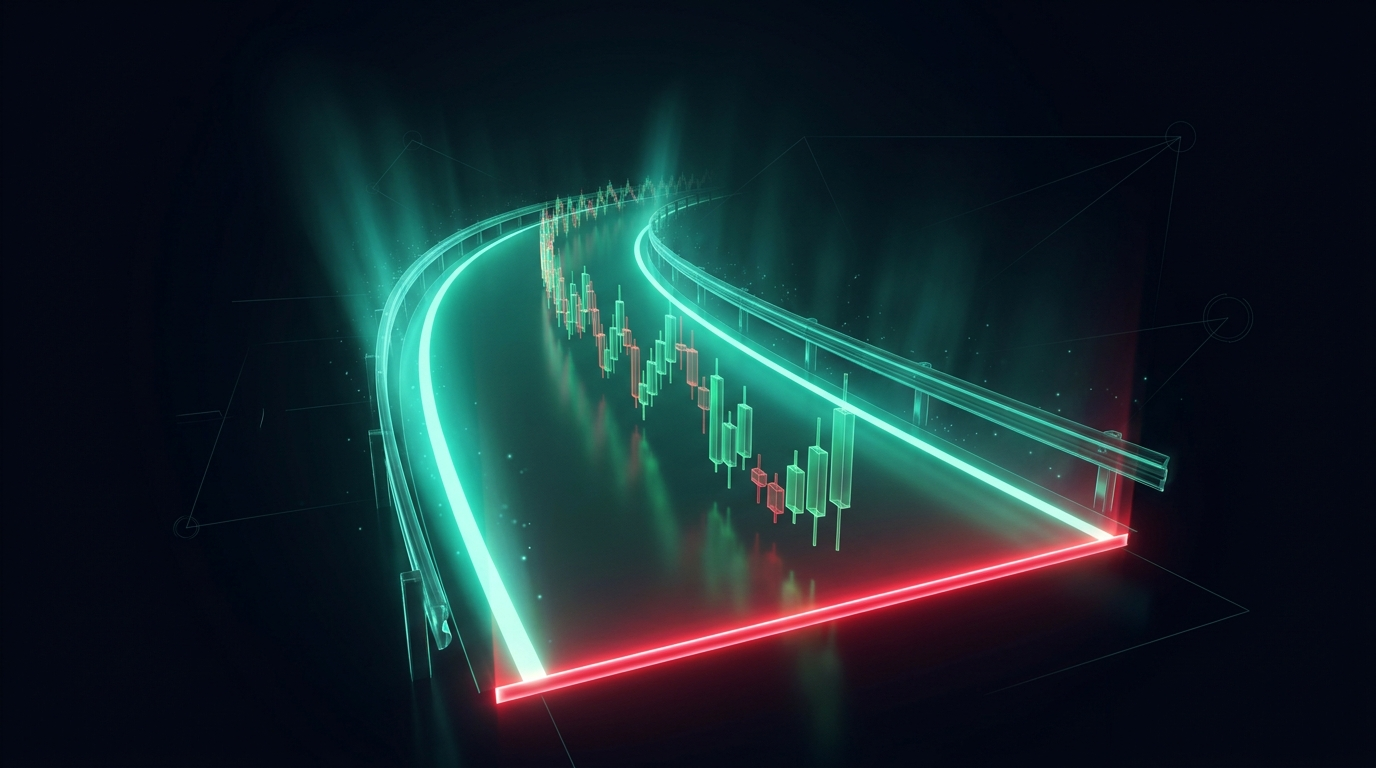 A luminous emerald corridor bounded by glowing guardrails with an ordered stream of holographic candlesticks flowing to a defined edge in a dark navy environment