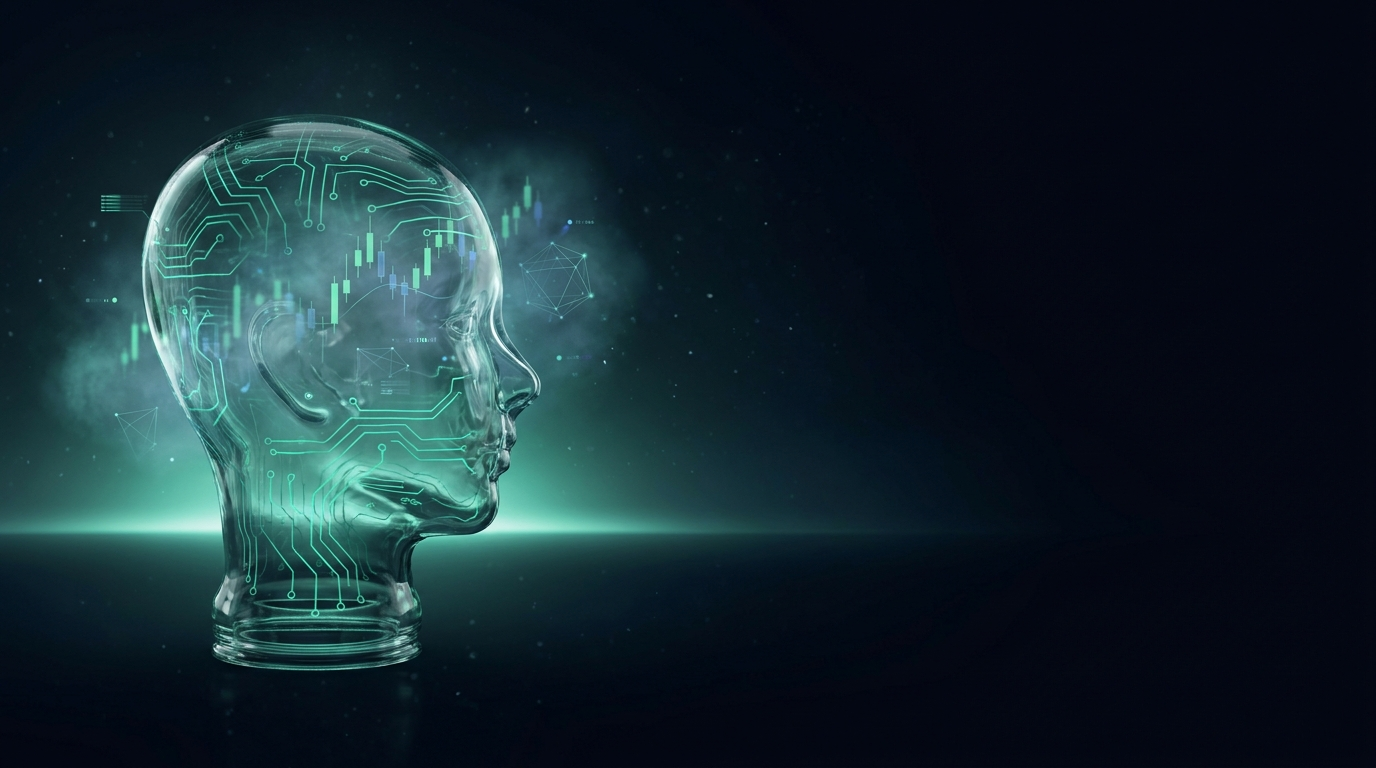 A cinematic render of a translucent glass head with calm emerald circuit traces and a faint dawn horizon, representing trading visualization and pre-market preparation