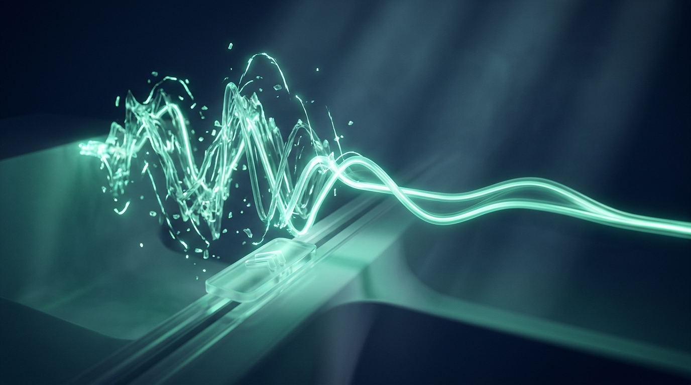 A cinematic render of a glowing teal waveform turbulent on one side and calm on the other, representing volatility and position sizing