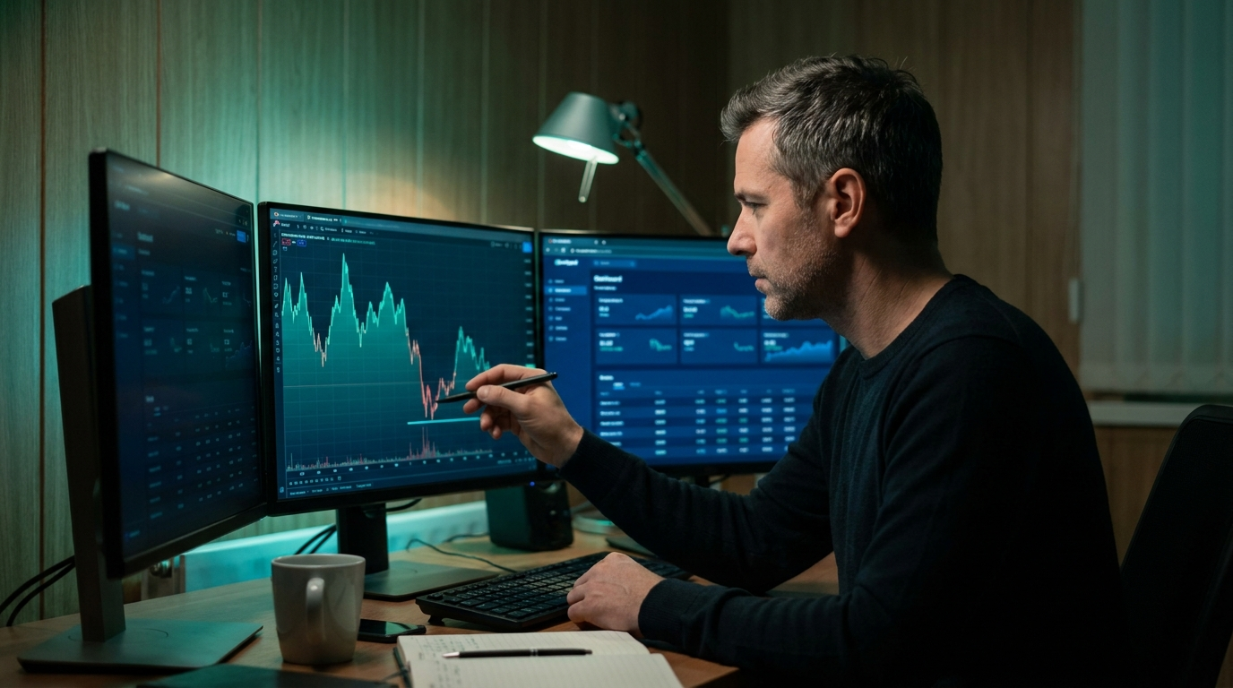 A focused trader at a multi-monitor desk studying a choppy price chart and marking a stop level below the current price, lit by soft teal screen glow