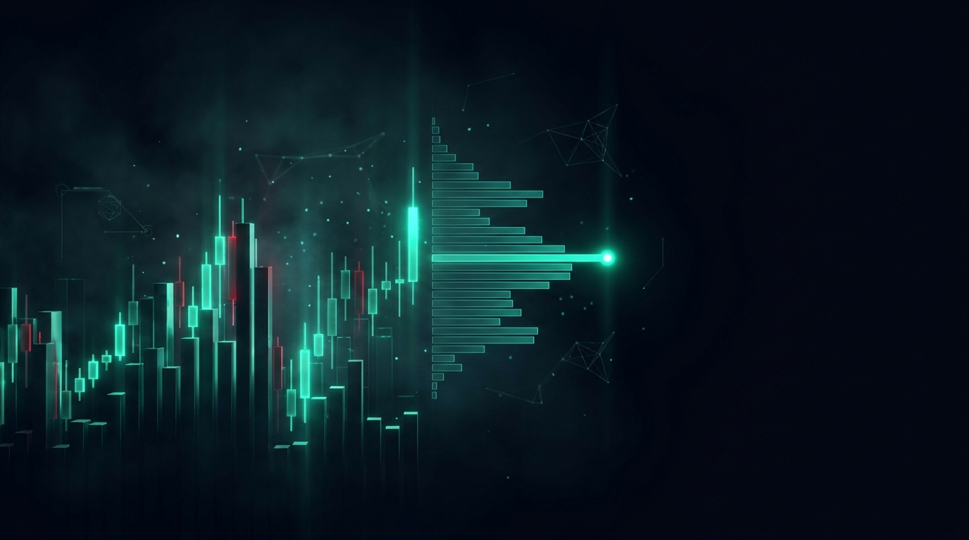 A cinematic render of a candlestick-tower skyline beside a glowing holographic horizontal volume histogram, representing a futures volume profile