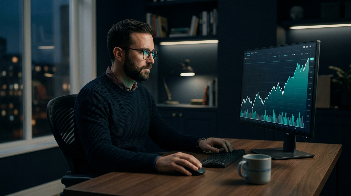 A focused trader studying a single price chart on a monitor in a dark navy office with soft teal screen glow